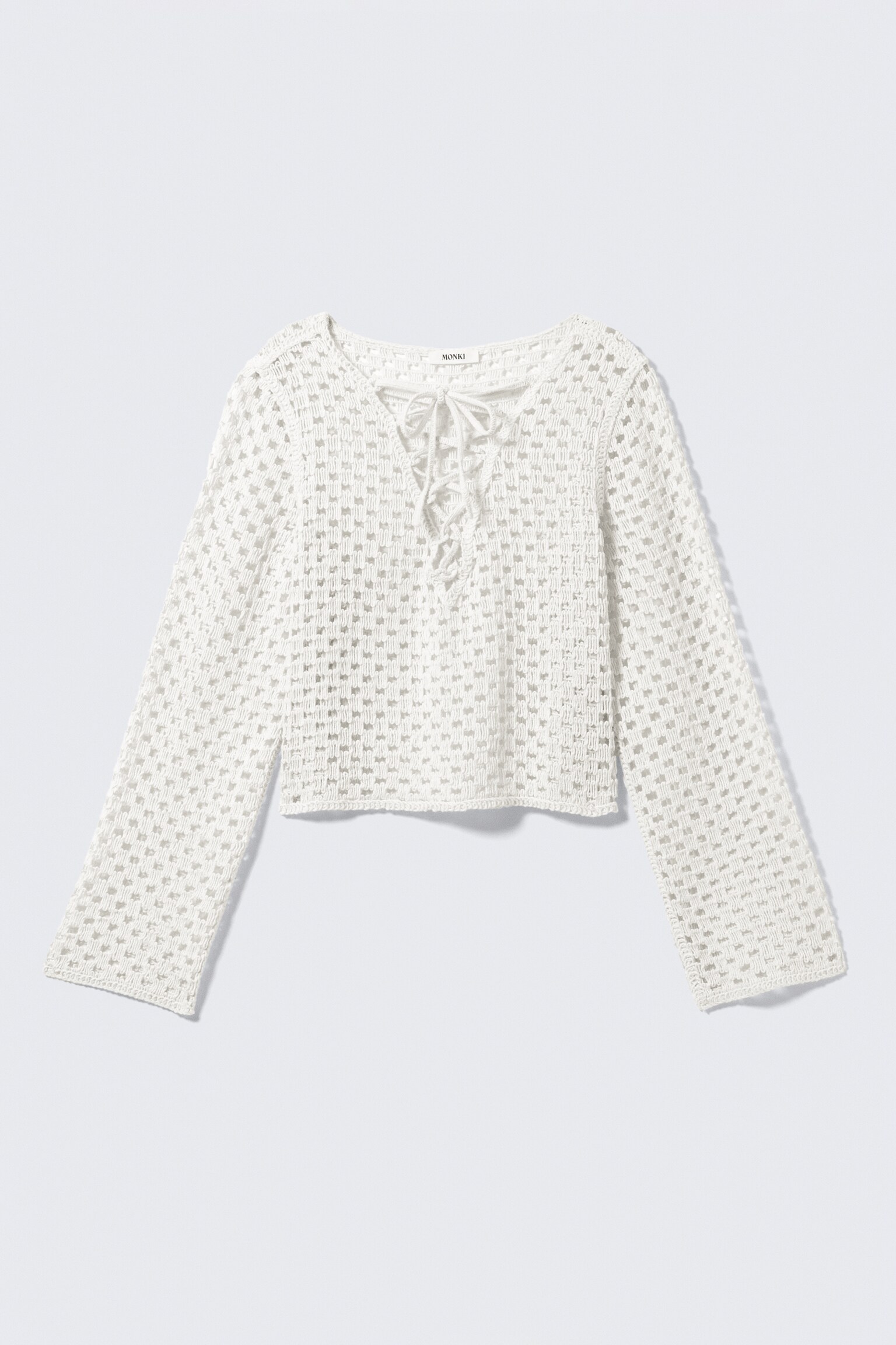 Crochet Knit Long-Sleeved Top - White - 2