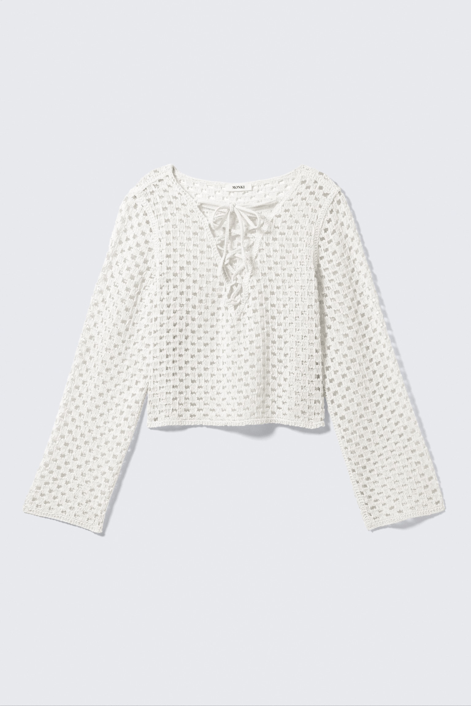 Crochet Knit Long-Sleeved Top - White - 2