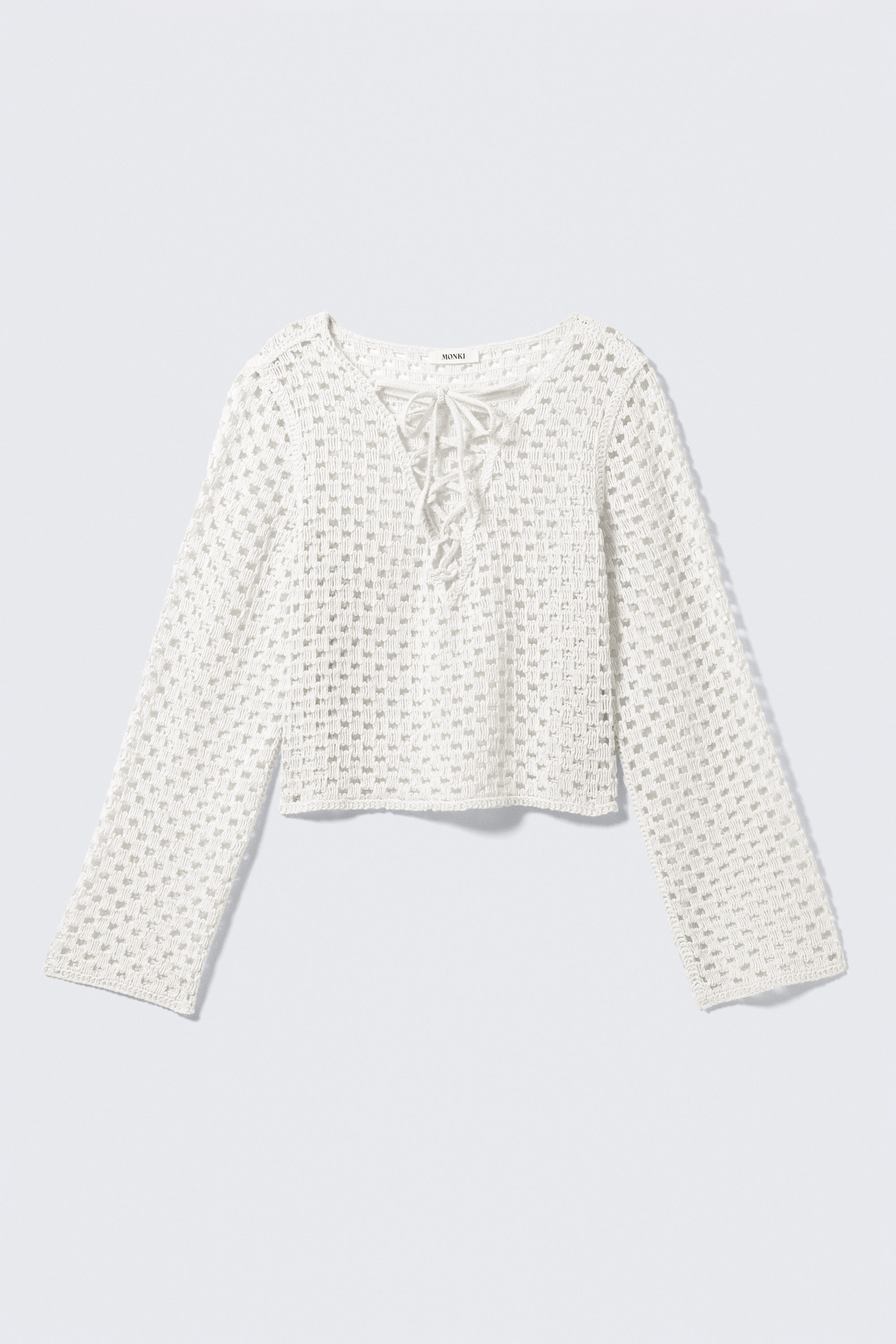 White - Crochet Knit Long-Sleeved Top - 1