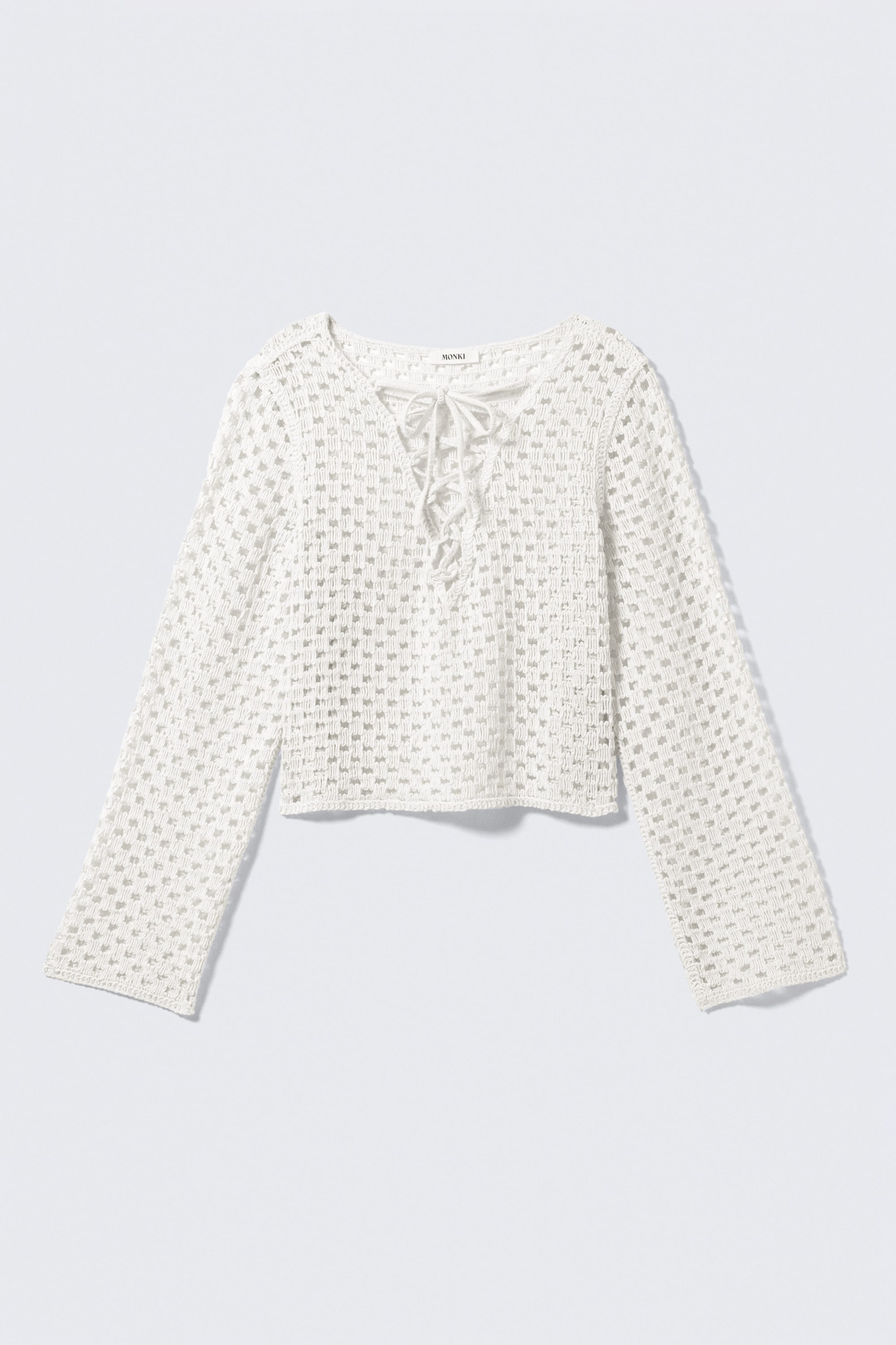 White - Crochet Knit Long-Sleeved Top - 1