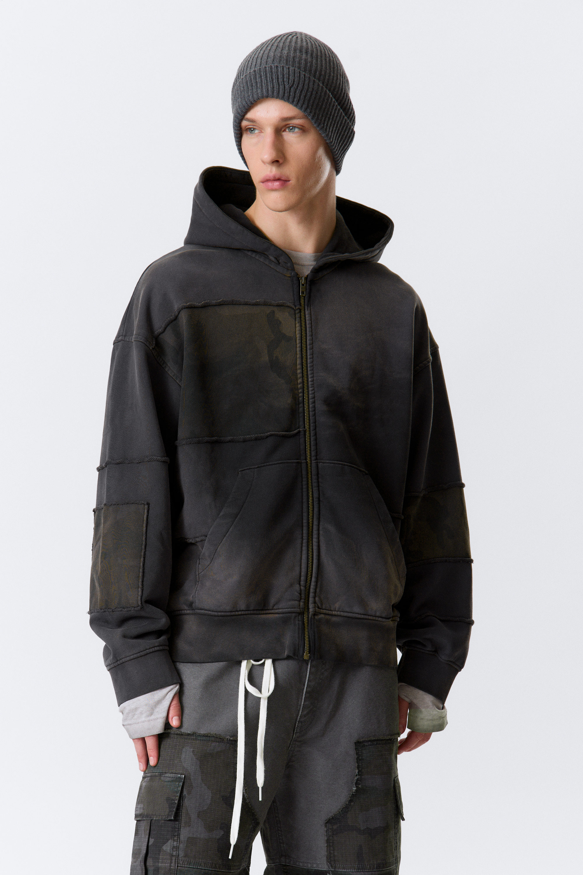 Washed Dark Blue - Washed Patchwork Zip Hoodie - 4