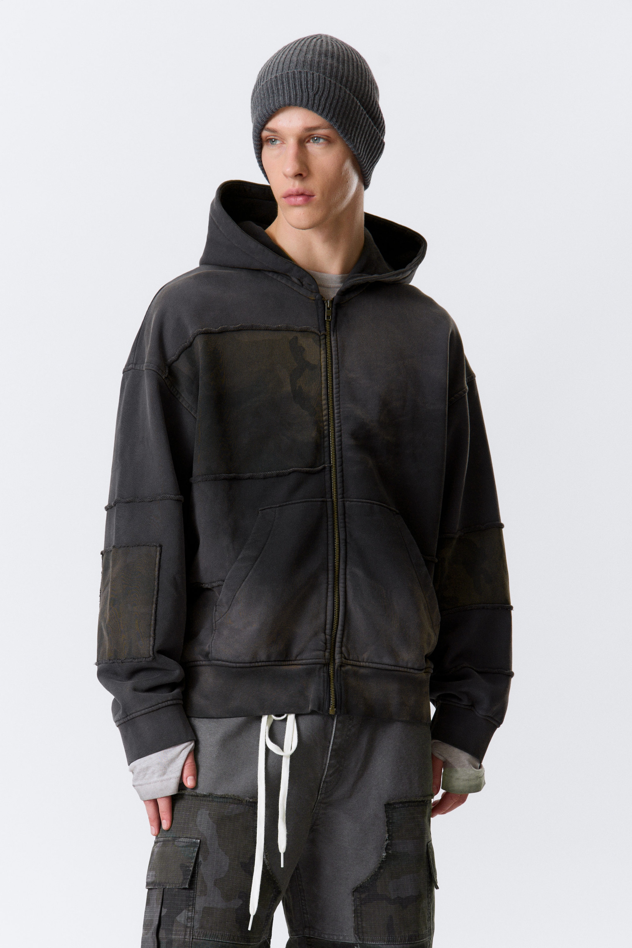 Washed Dark Blue - Washed Patchwork Zip Hoodie - 3