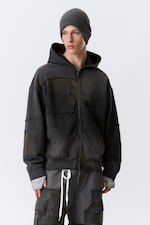 Washed Dark Blue - Washed Patchwork Zip Hoodie - 3