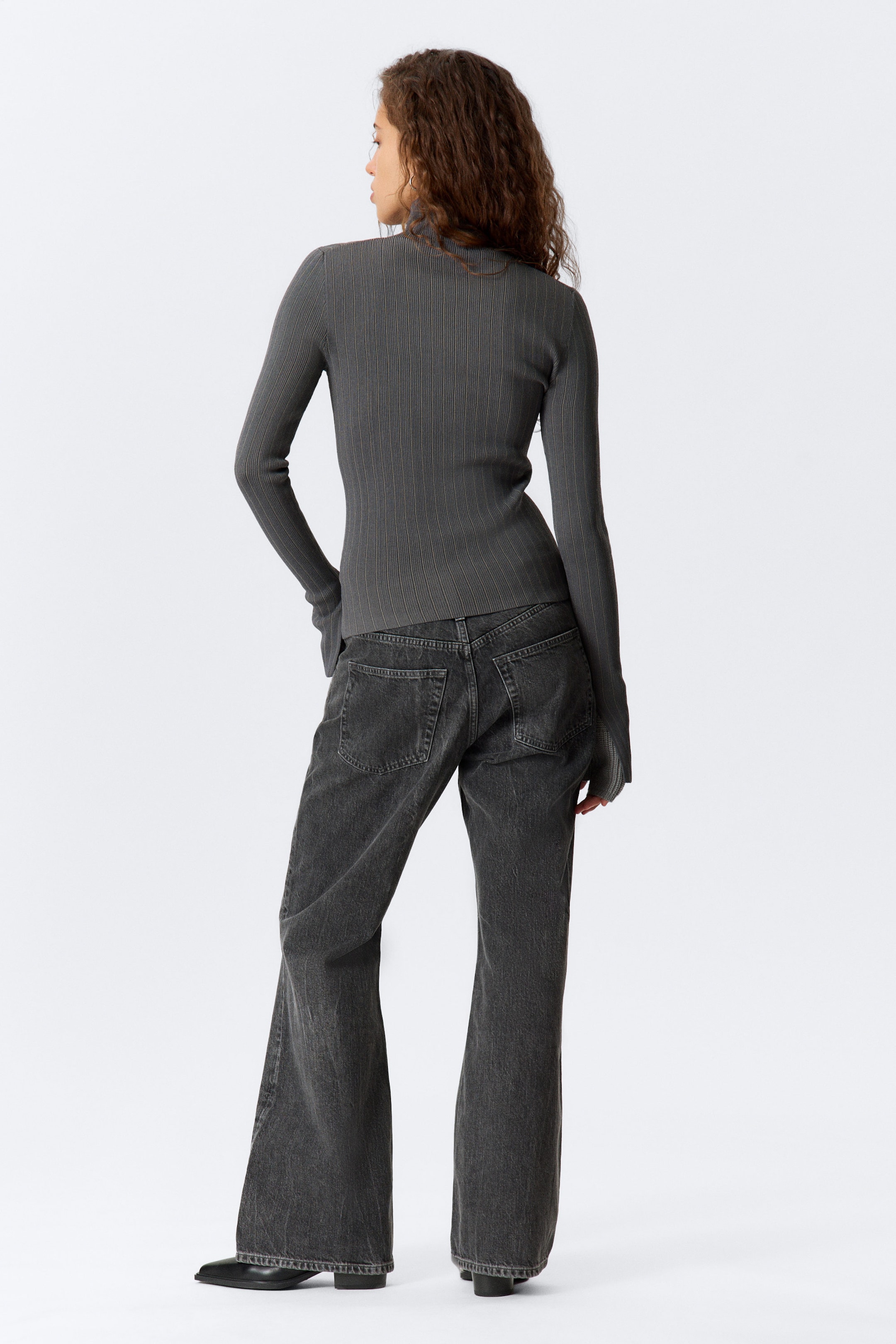 Striped Dark Grey Melange - Ribbed Fitted Turtleneck - 3