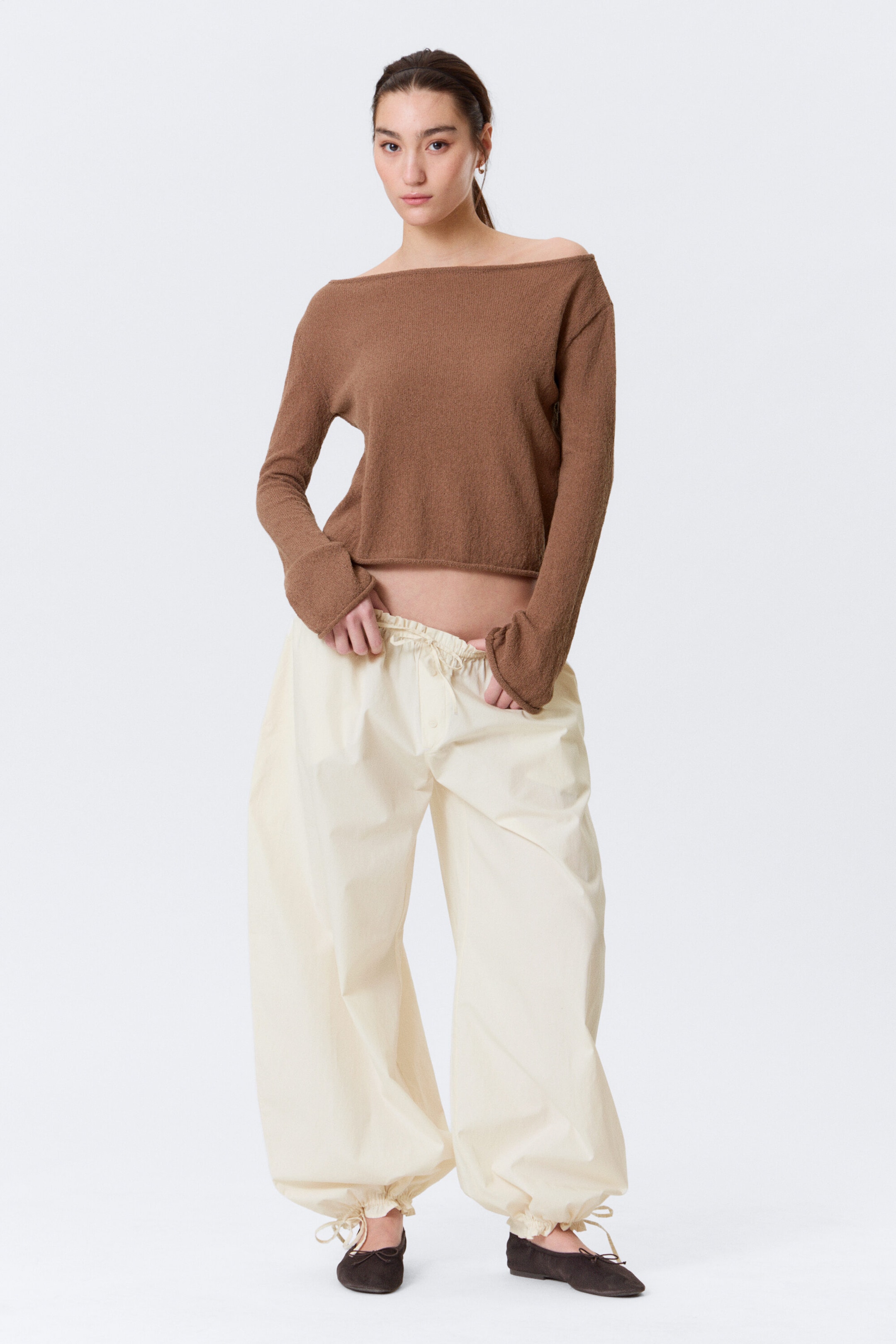 Brown - Relaxed Knitted Boat-Neck Sweater - 2