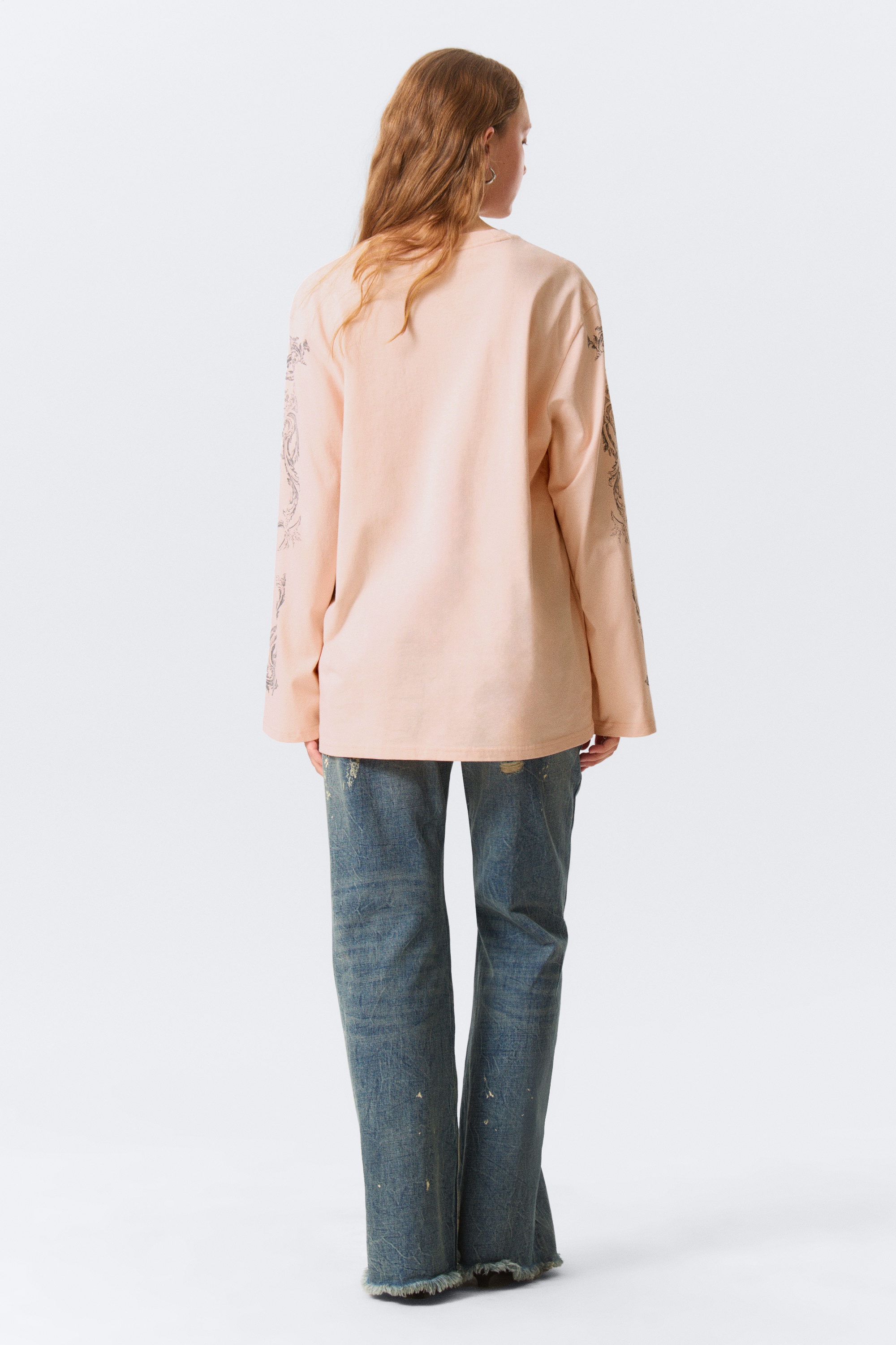 Printed Light Pink - Printed Long-Sleeved Cotton T-shirt - 3