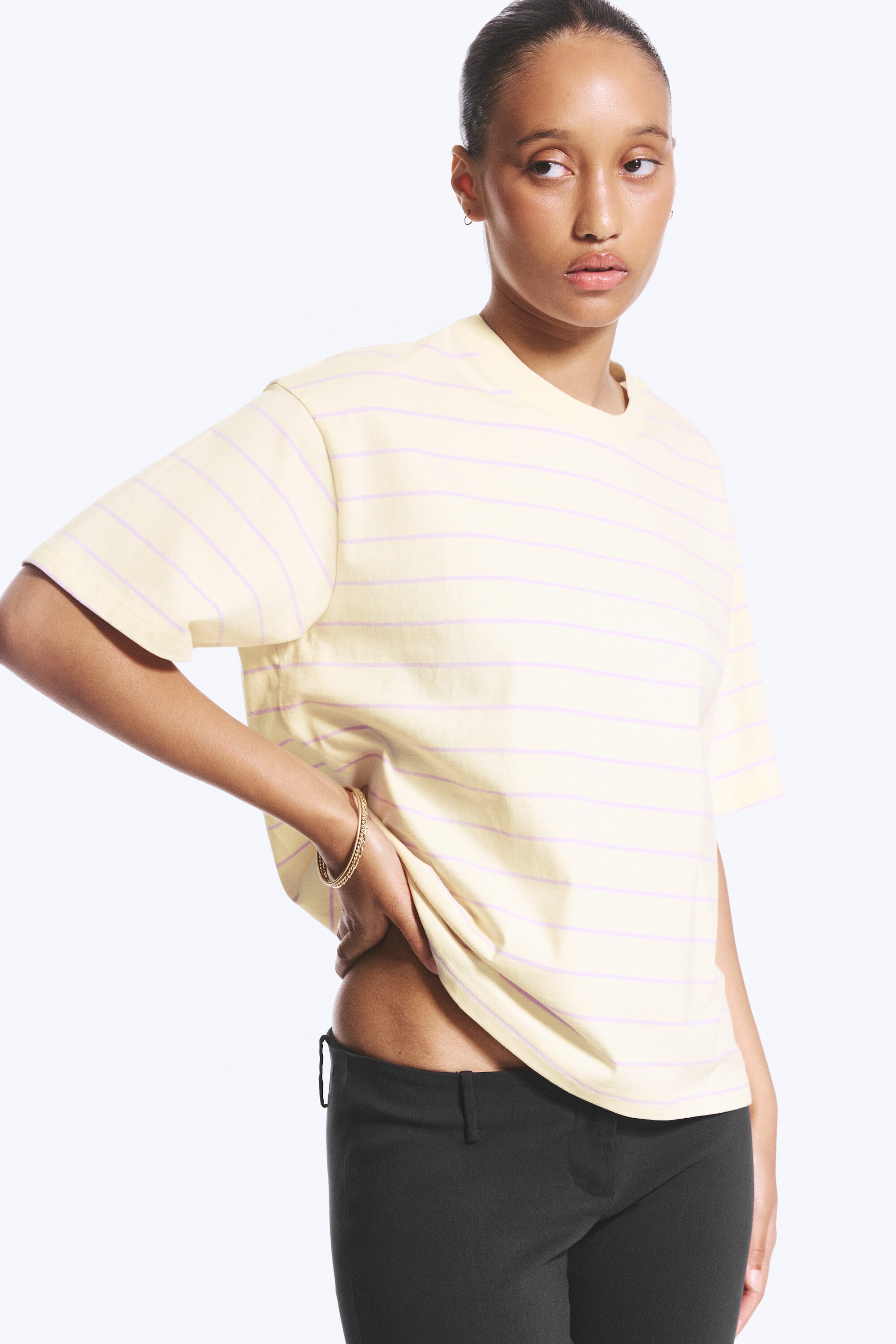 Light Beige - Lilac Stripe - Katoenen boxy T-shirt - 1