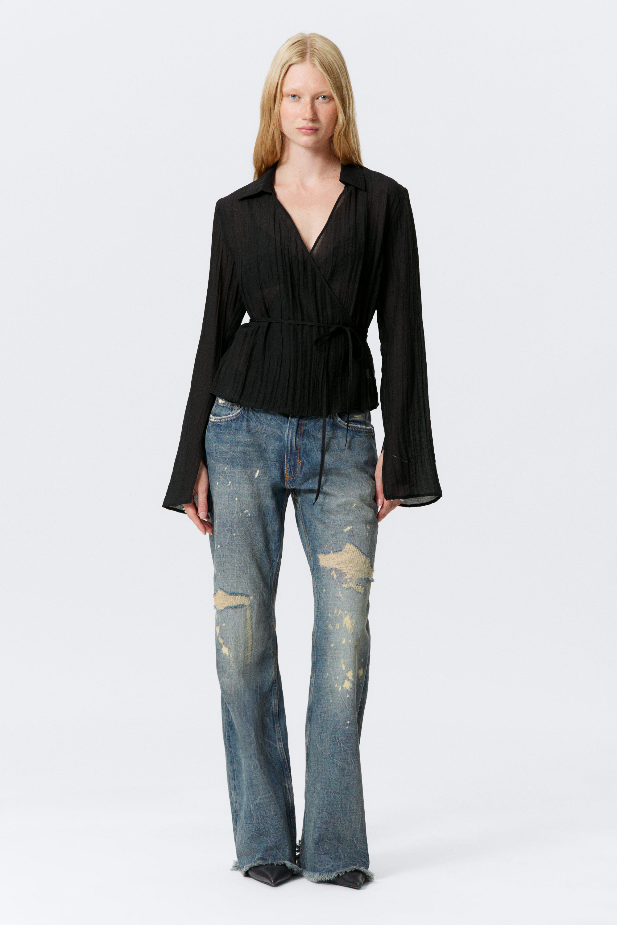 Transparent Black - Textured Long-Sleeved Wrap Shirt - 2