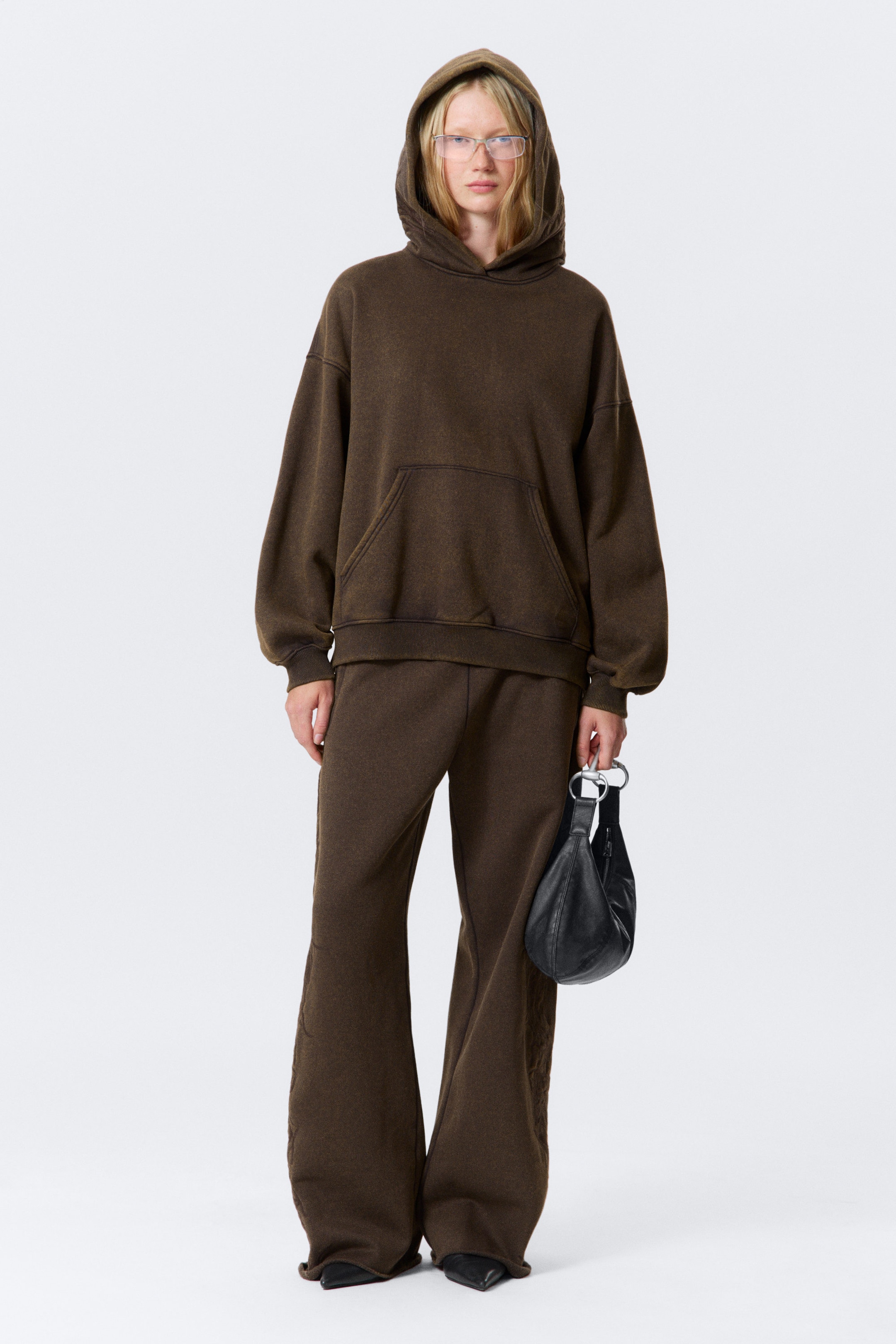 Dark Brown - Embroidered Oversized Heavy Hoodie - 2