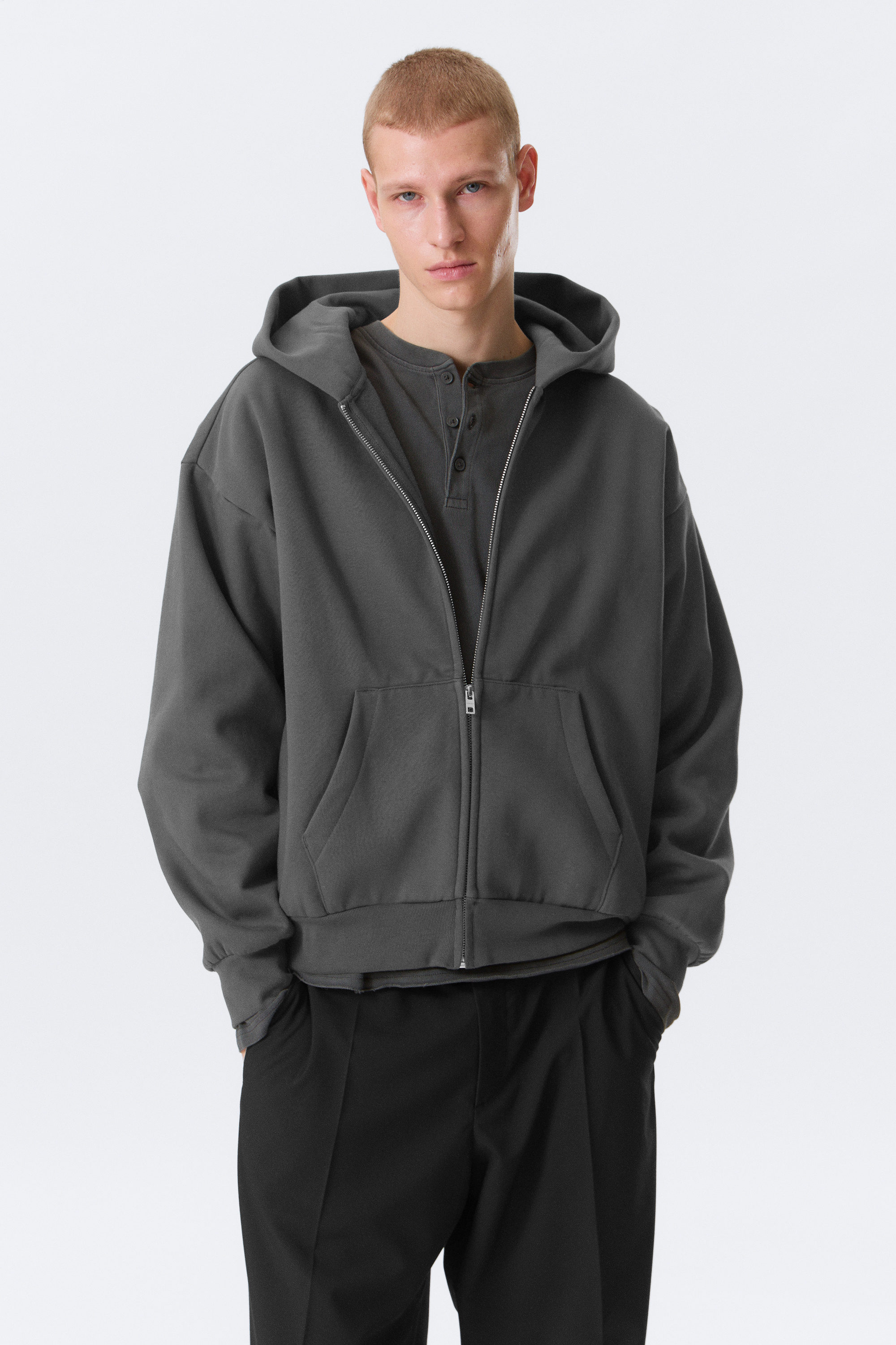 Dark Grey - Loose Fit Zip Hoodie - 1