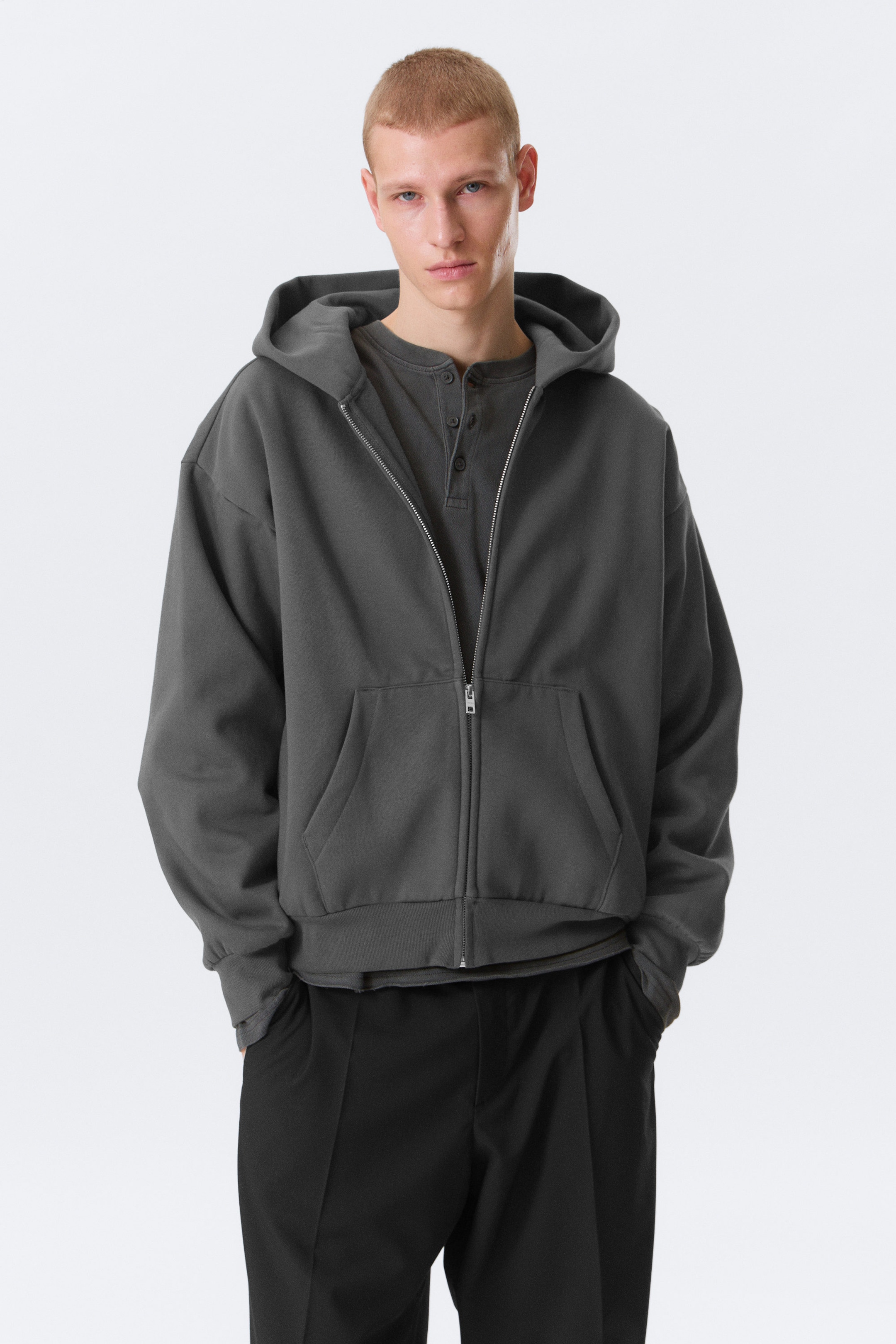 Dunkelgrau - Weit geschnittener Zip-Hoodie - 1
