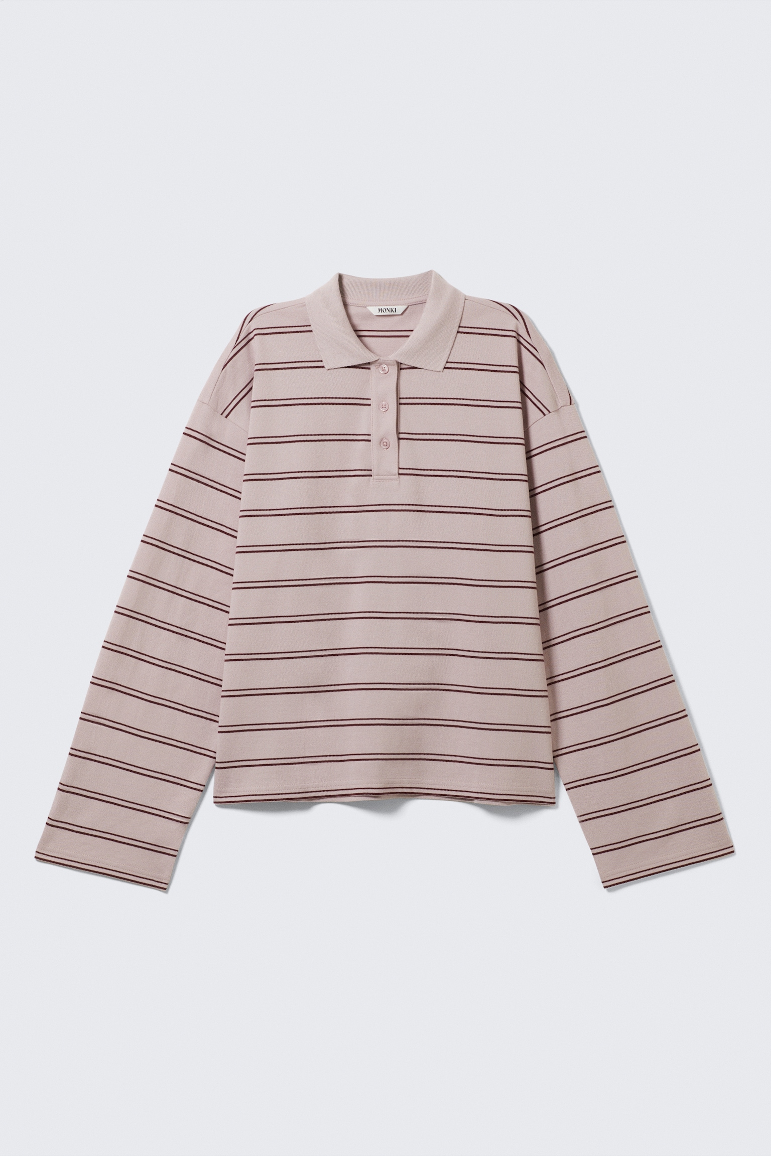 Long-Sleeved Cotton Polo Top - Striped Light Pink/White - Black Dots - 2