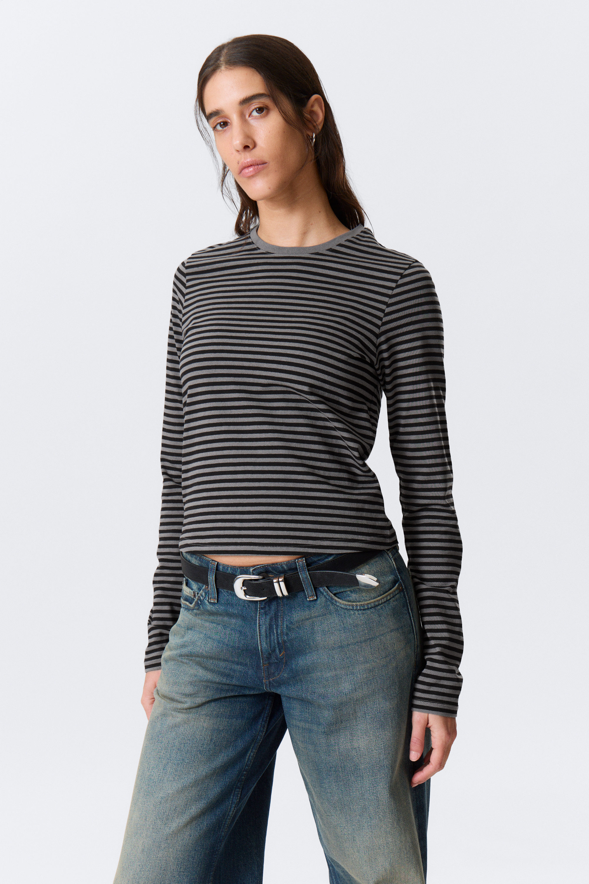 Black & Grey Stripes - Slim Long-Sleeved Cotton Top - 1