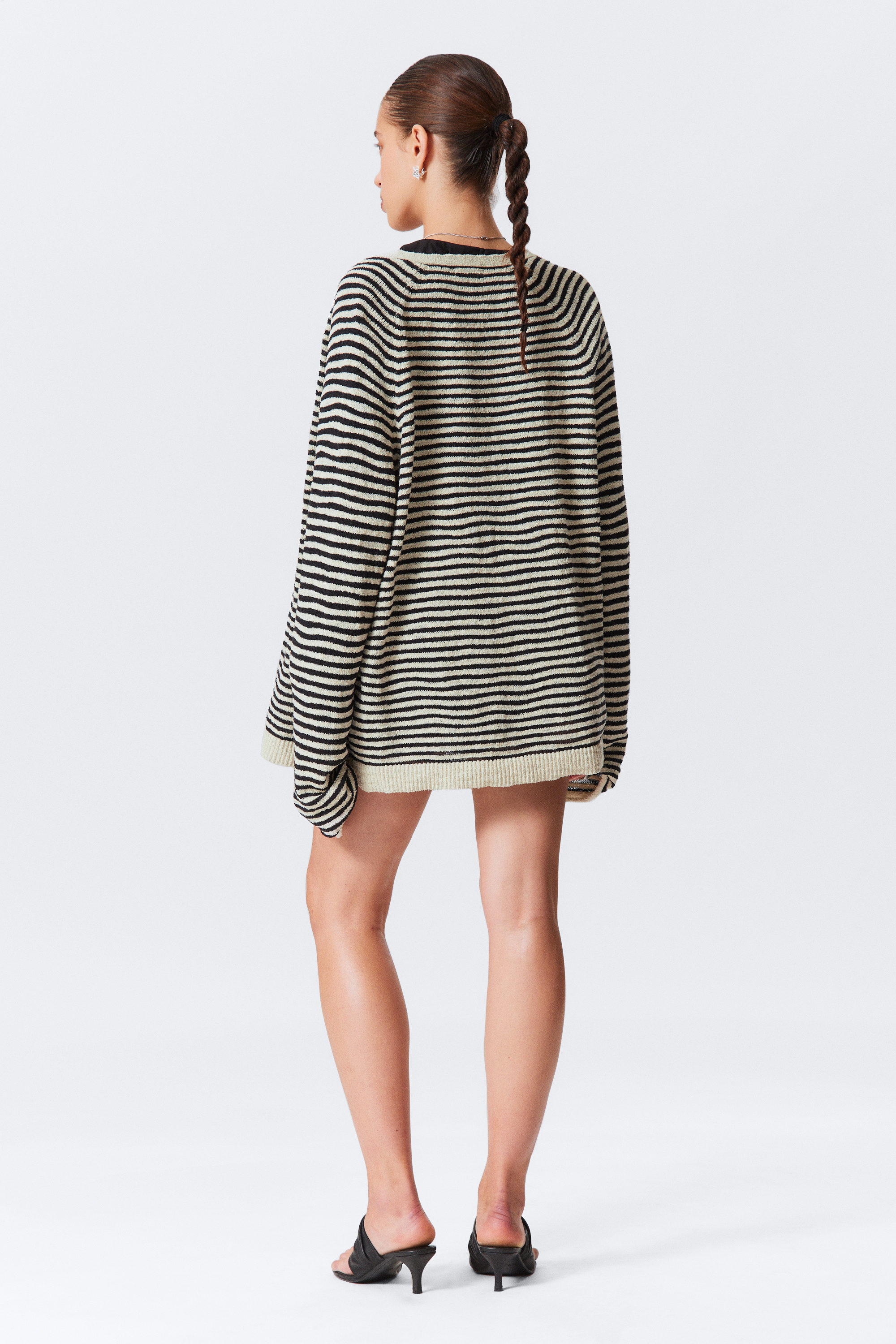 White & Dark Grey Stripes - Loose Knitted V-neck Cardigan - 2