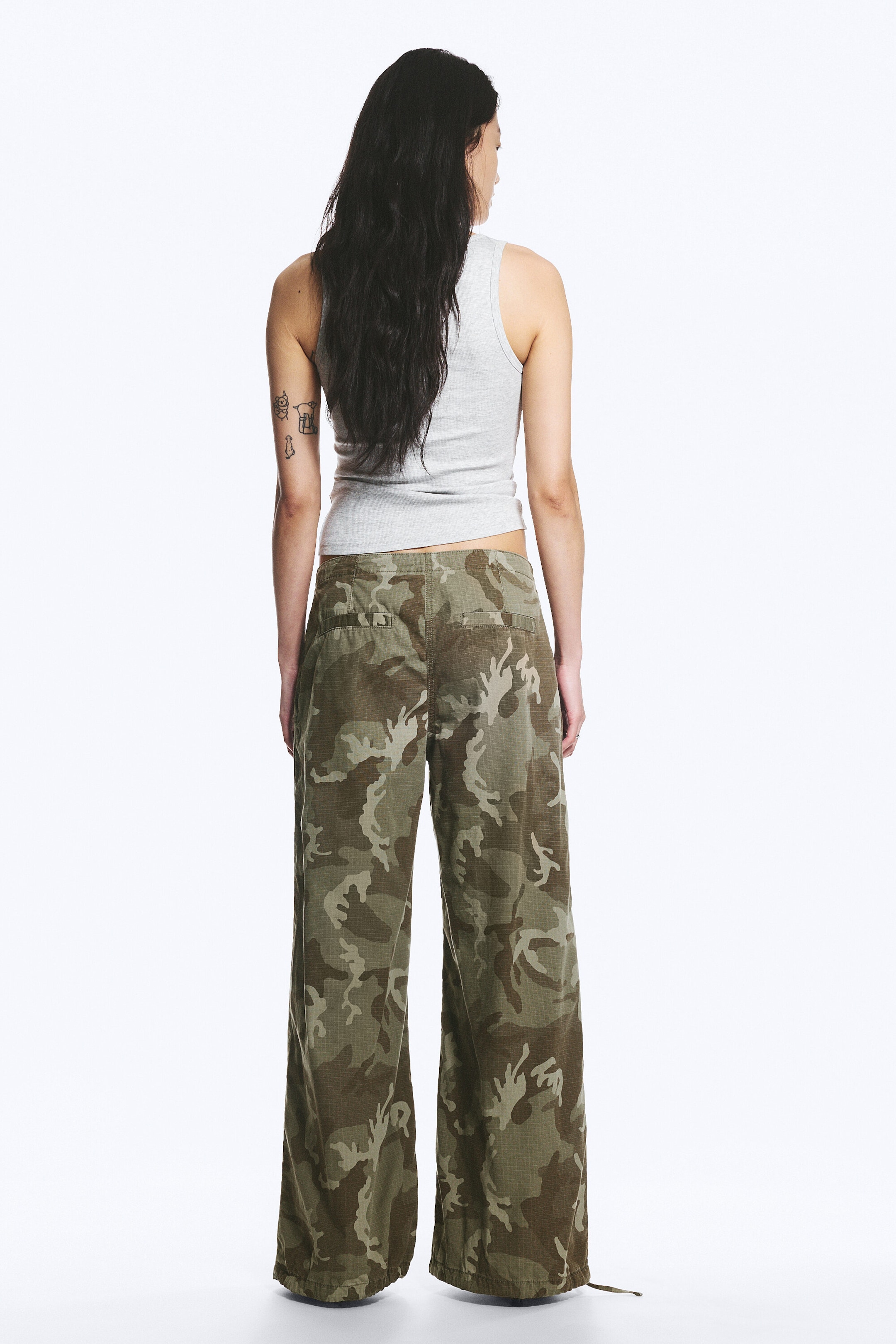 Khaki Green - Camo - Low Rise Baggy Ripstop Trousers - 4