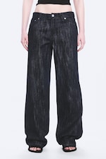 Slub Rinse - Dark Blue - Ample Mid Rise Loose Wide Leg Jeans - 1