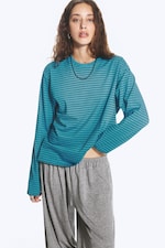 Türkis/Schwarz gestreift - Boxy Longsleeve aus Baumwolle - 0