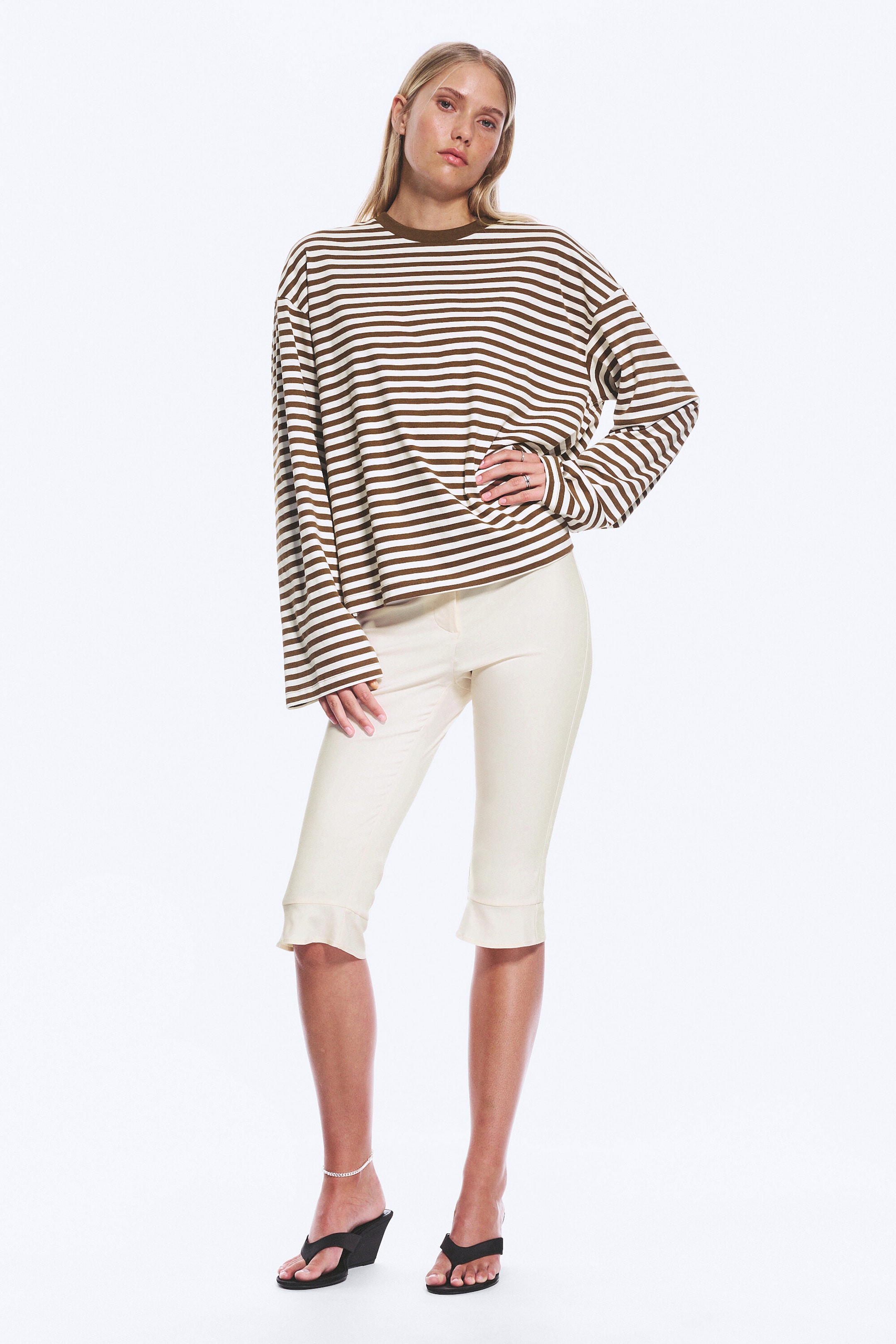 Brown & White Stripes - Long-Sleeved Cotton T-shirt - 2