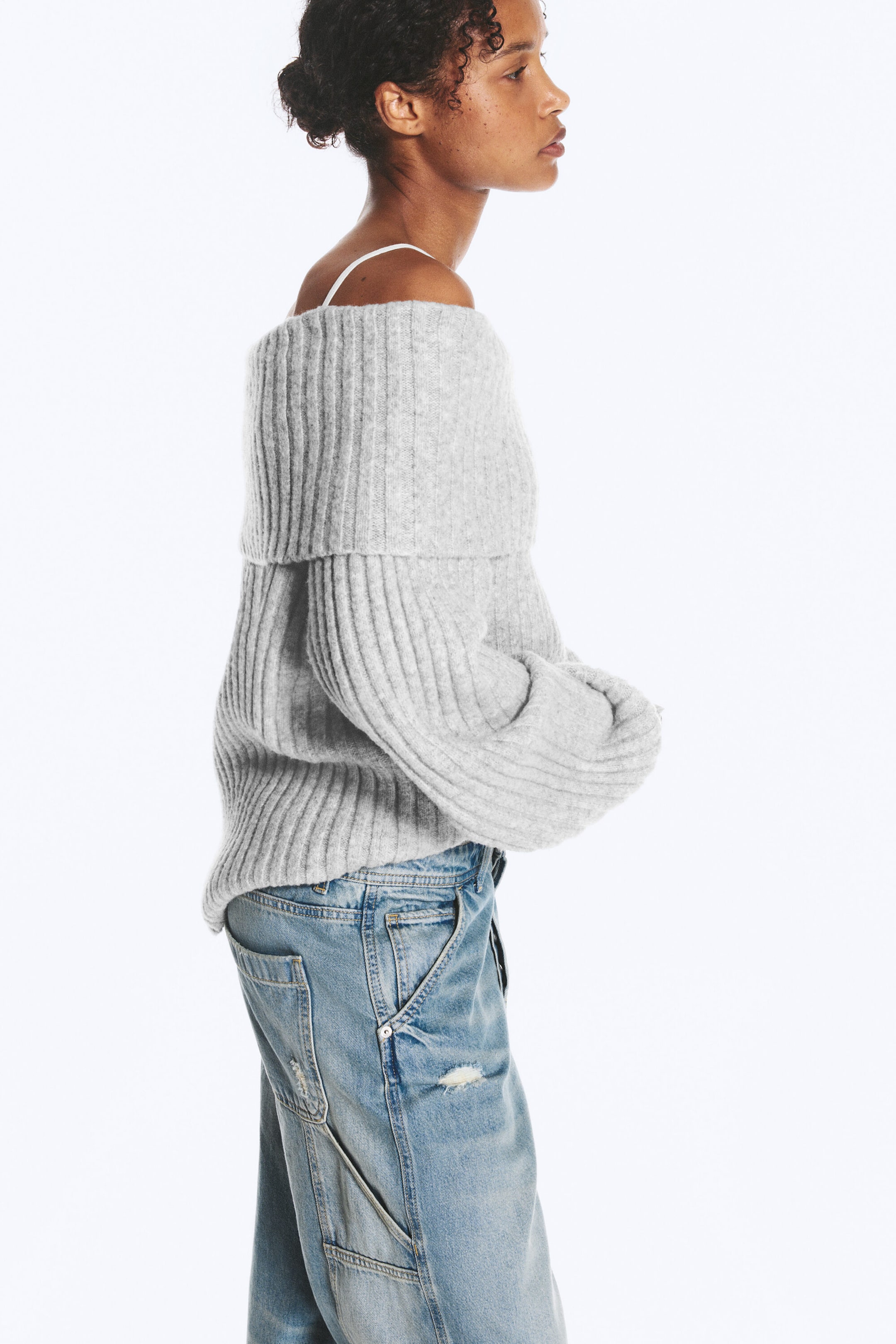 Gris chiné - Pull côtelé à épaules dénudées - 1