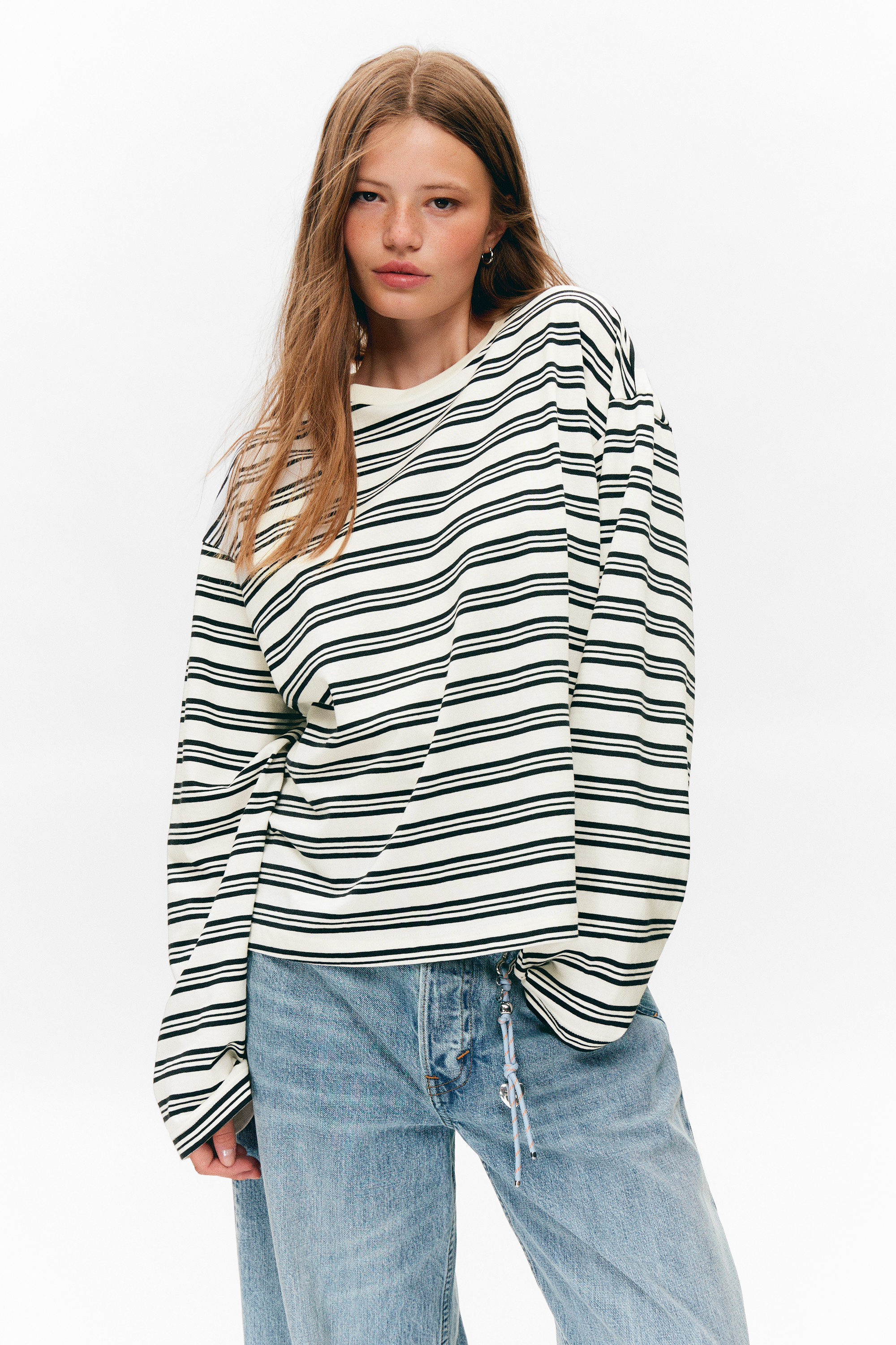 Weiß - Schwarze Streifen - Longsleeve-Shirt aus Baumwolle - 2