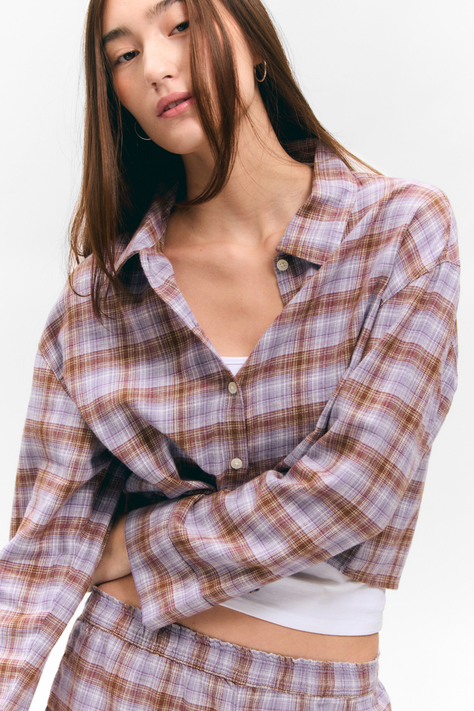 Cropped Checked Flannel Shirt - Purple Check/Checked Brown - 5