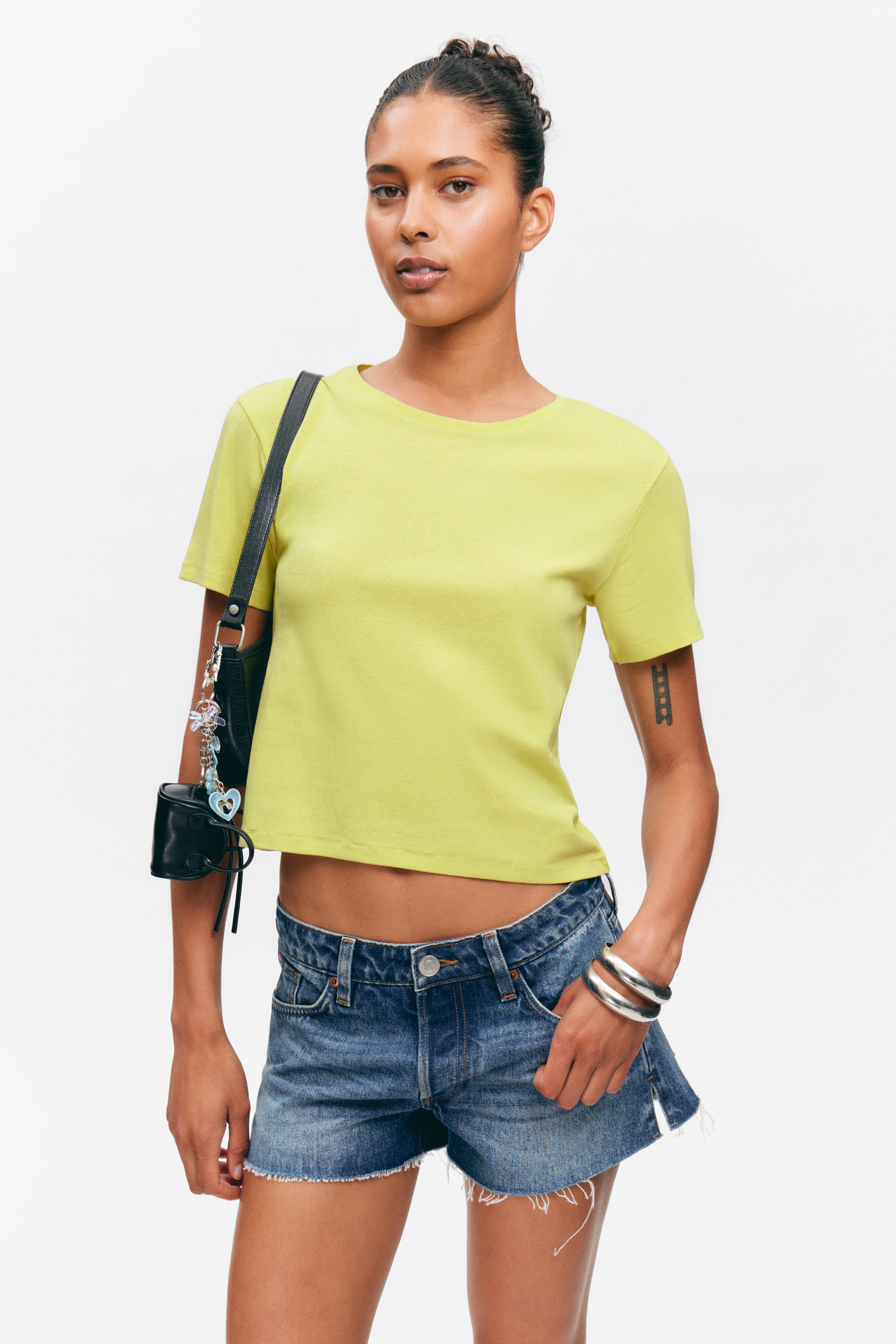 #D2CE81 - Cropped Printed Ribbed Cotton T-shirt - 2