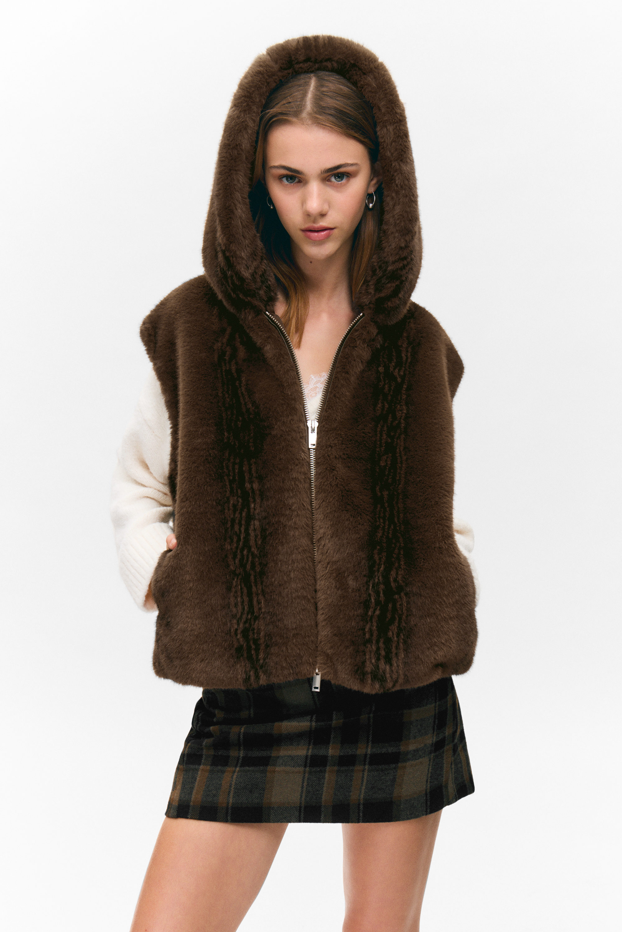 Fuzzy Brown - Faux Fur Hooded Zip Vest - 1
