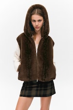 Fuzzy Brown - Faux Fur Hooded Zip Vest - 0