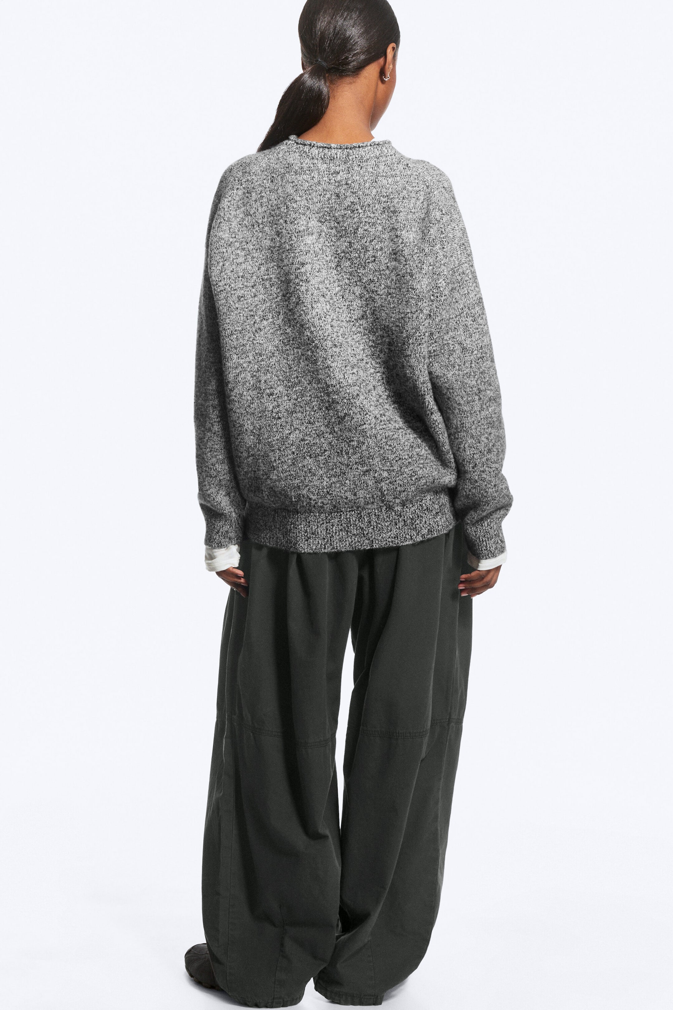 Grey Melange - Loose Knitted Crew-Neck Sweater - 2