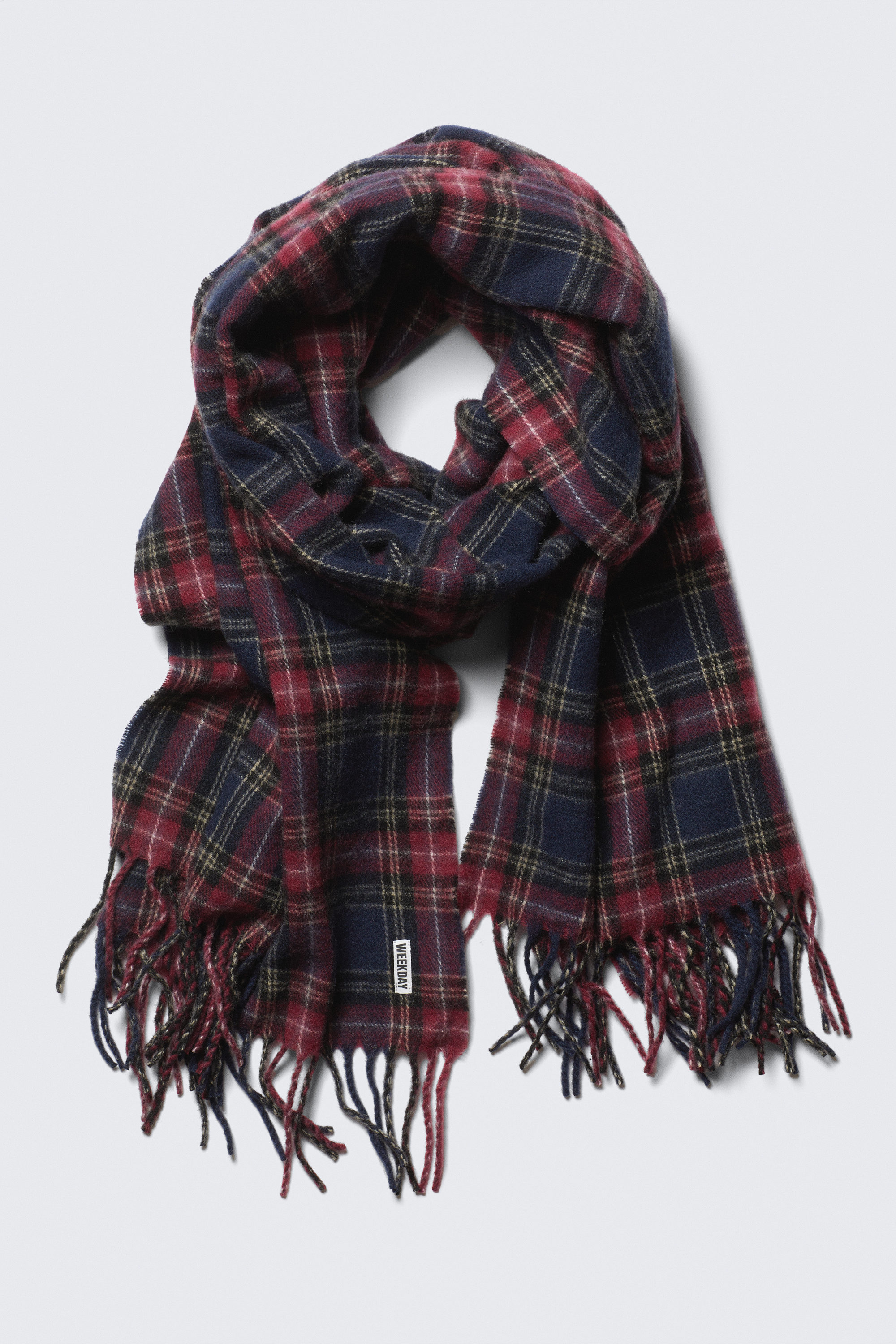 Dark Red Check - Wool Blend Fringe-Edge Blanket Scarf - 1