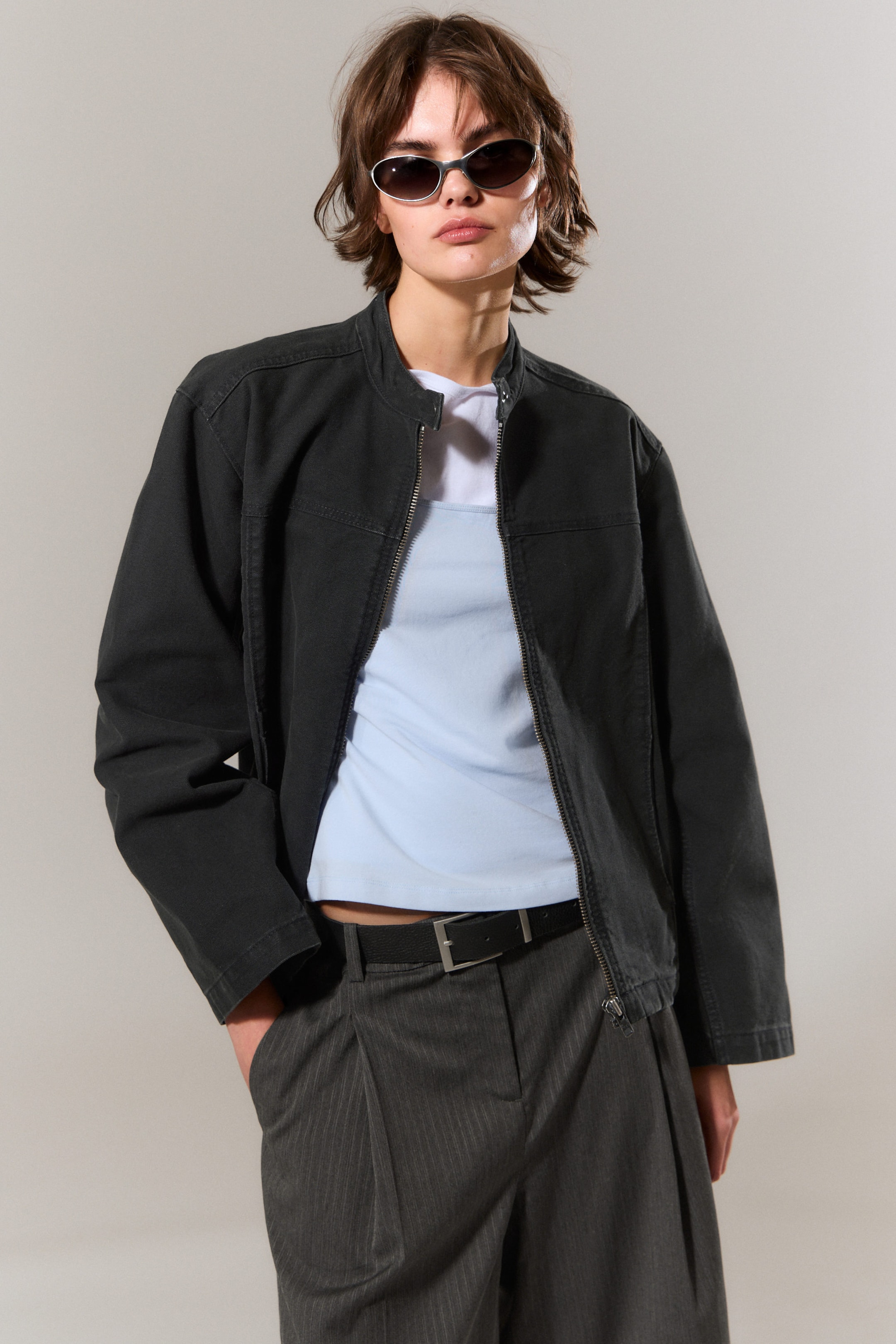 Noir - Veste en toile délavée oversize - 1