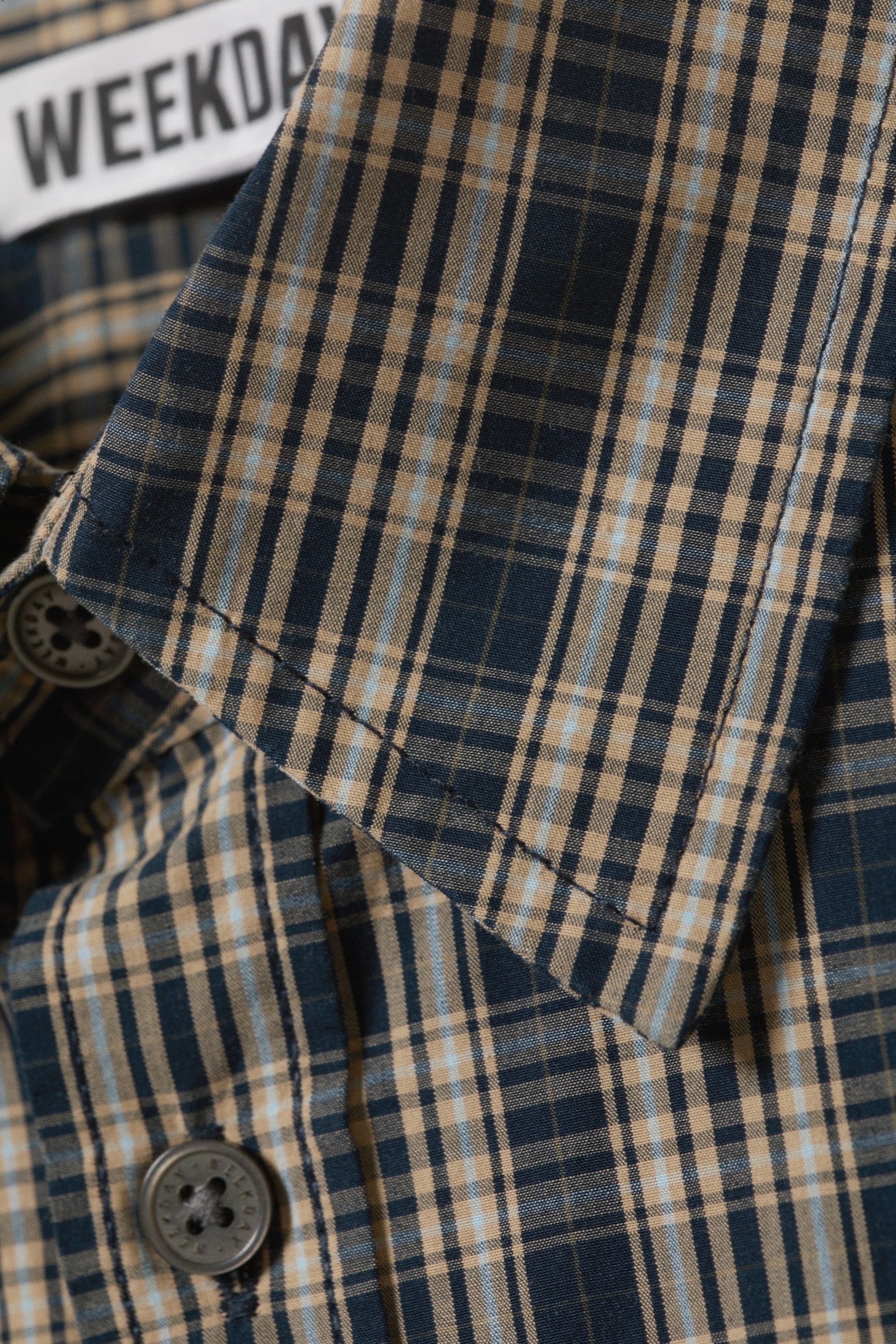 Beige - Navy Blue Check - Relaxed Fit Short-Sleeved Cotton Shirt - 1