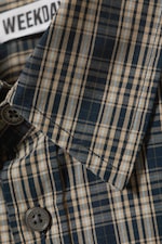 Beige - Navy Blue Check - Relaxed Fit Short-Sleeved Cotton Shirt - 1