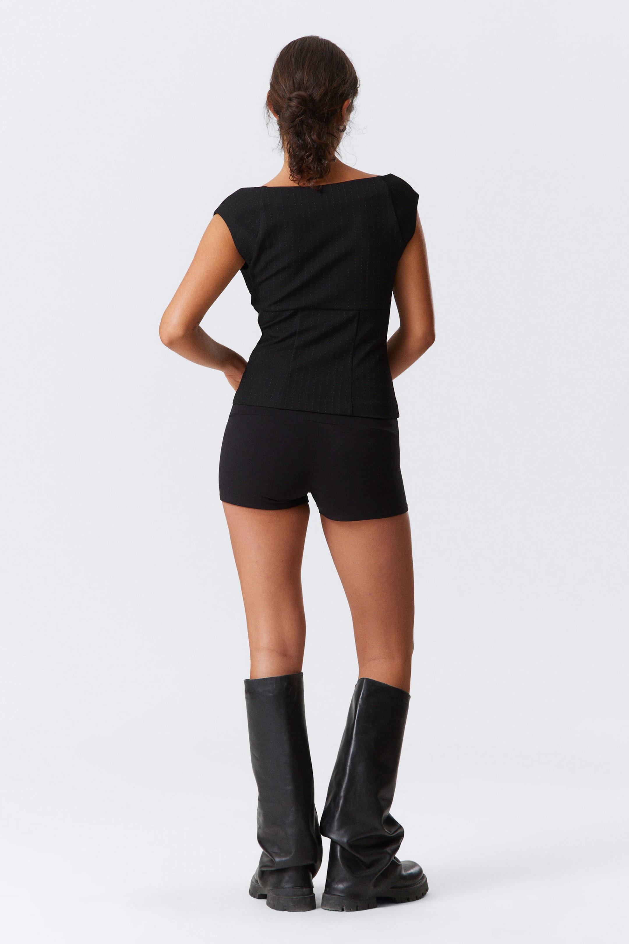 Black Pinstripe - Sleeveless Wide Neck Top - 3