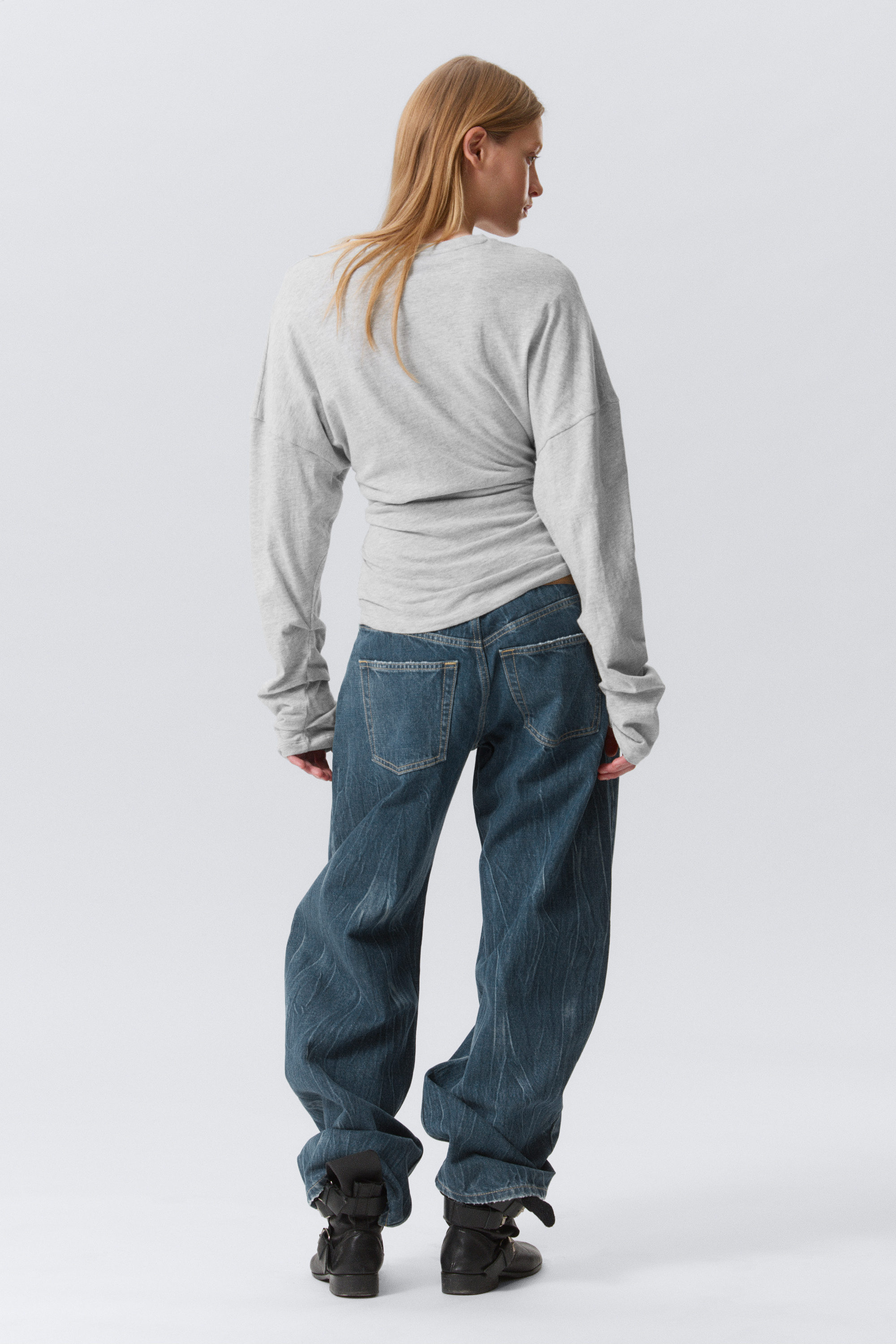 Light Grey Melange - Pleated Long-Sleeved Top - 2