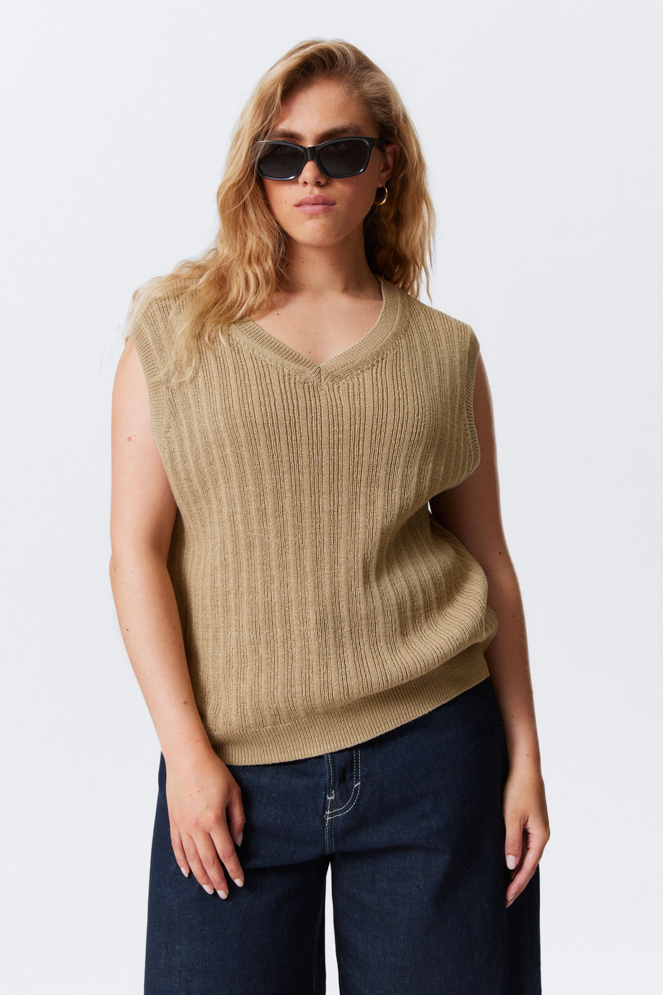 Beige - Ribbed Knitted V-neck Vest - 1