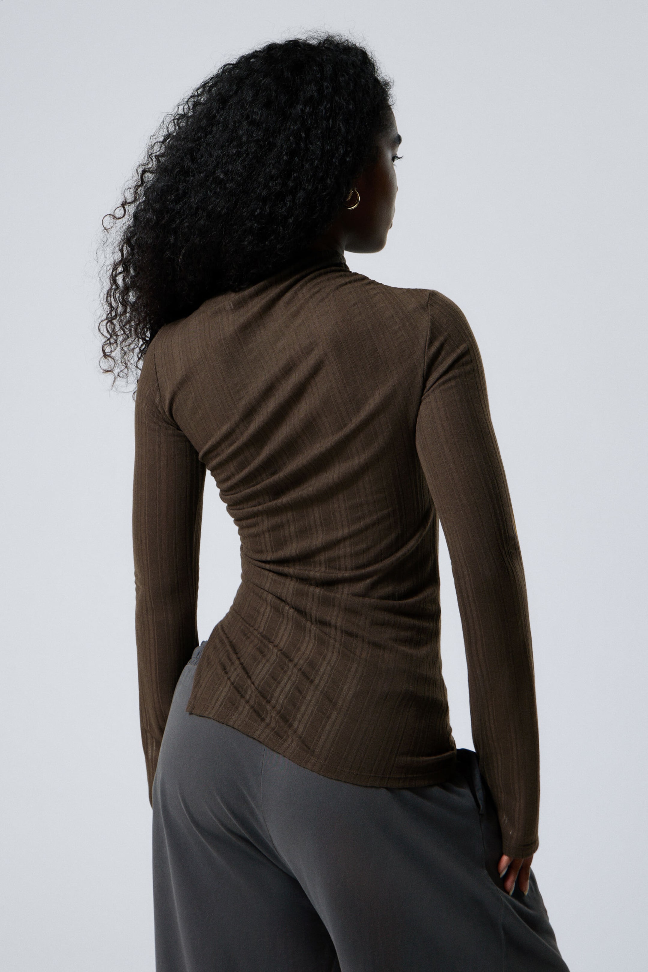 Dark Brown - Sheer Asymmetric Long-Sleeved Top - 2