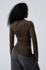 Dark Brown - Sheer Asymmetric Long-Sleeved Top - 2