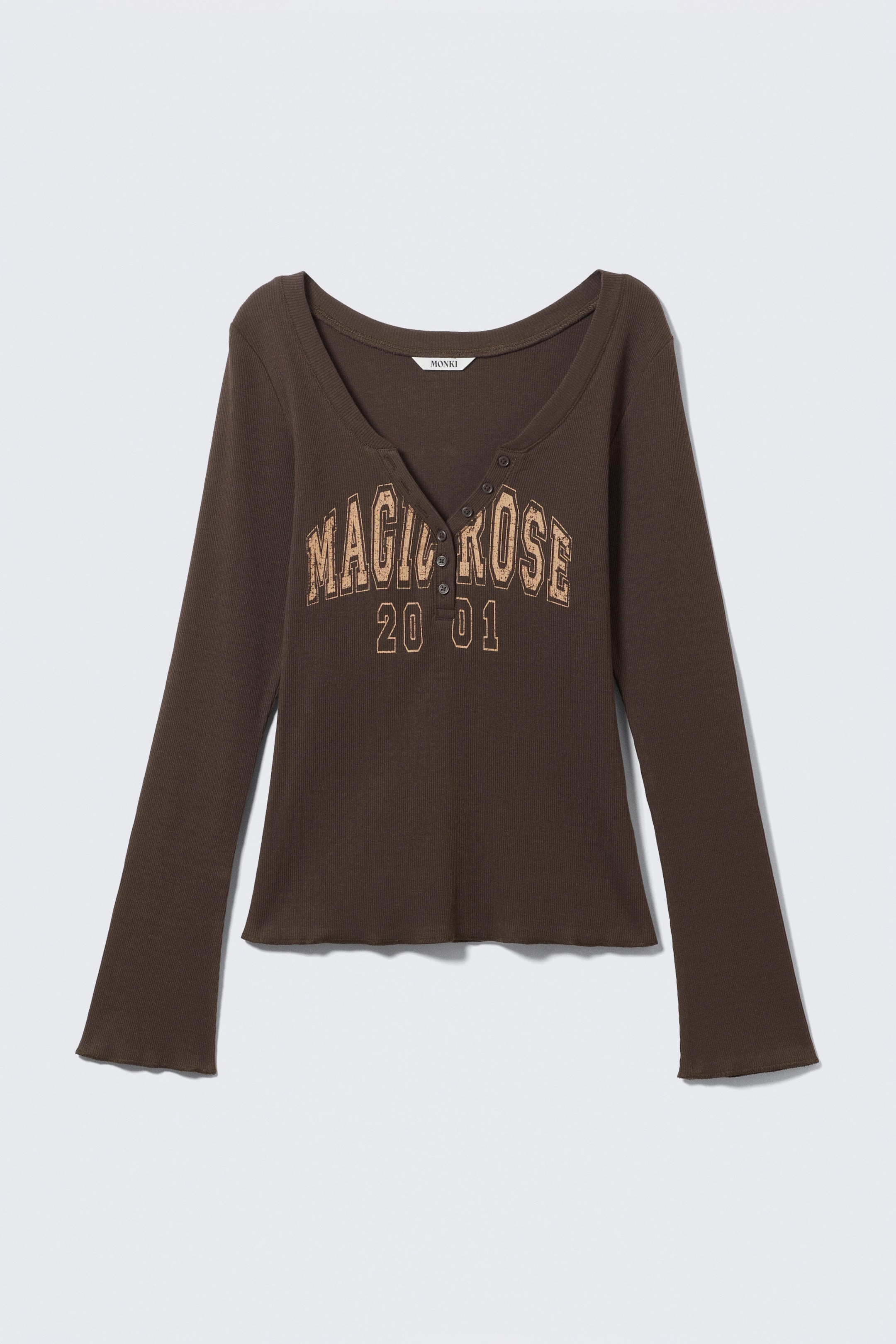 Brown - Long-Sleeved Fitted V-Neck Top - 1