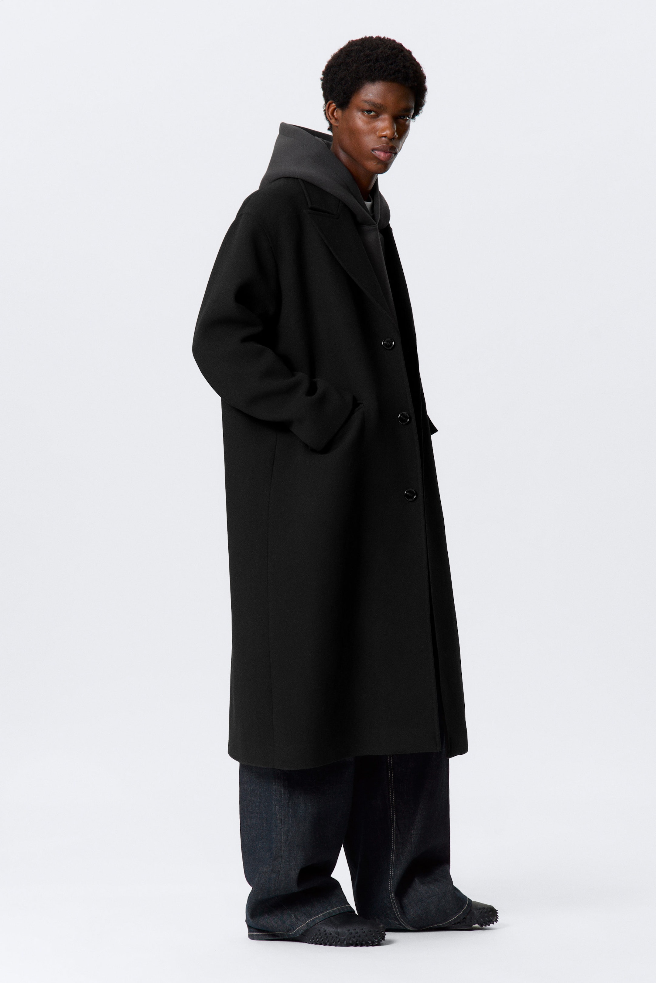 Black - Oversized Single-Breasted Wool Blend Coat - 3