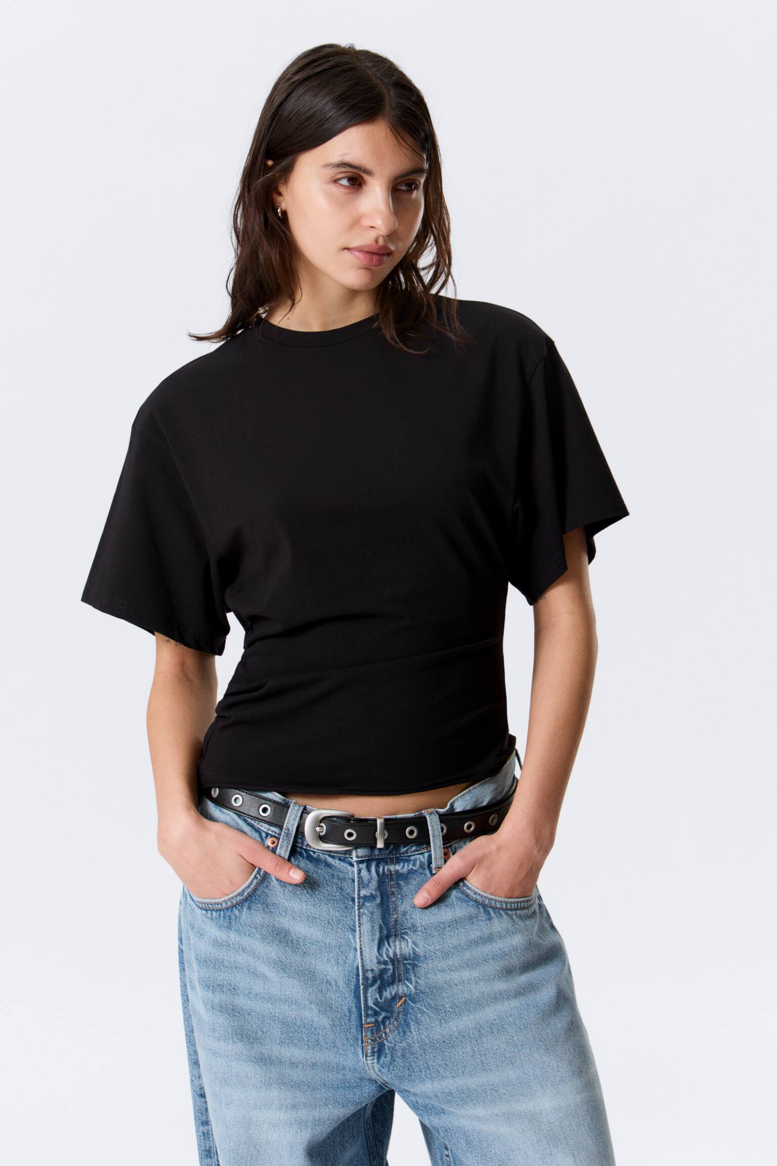 DRAPED FITTED T-SHIRT - Sort/Mørkegrå striber/Hvid - 1