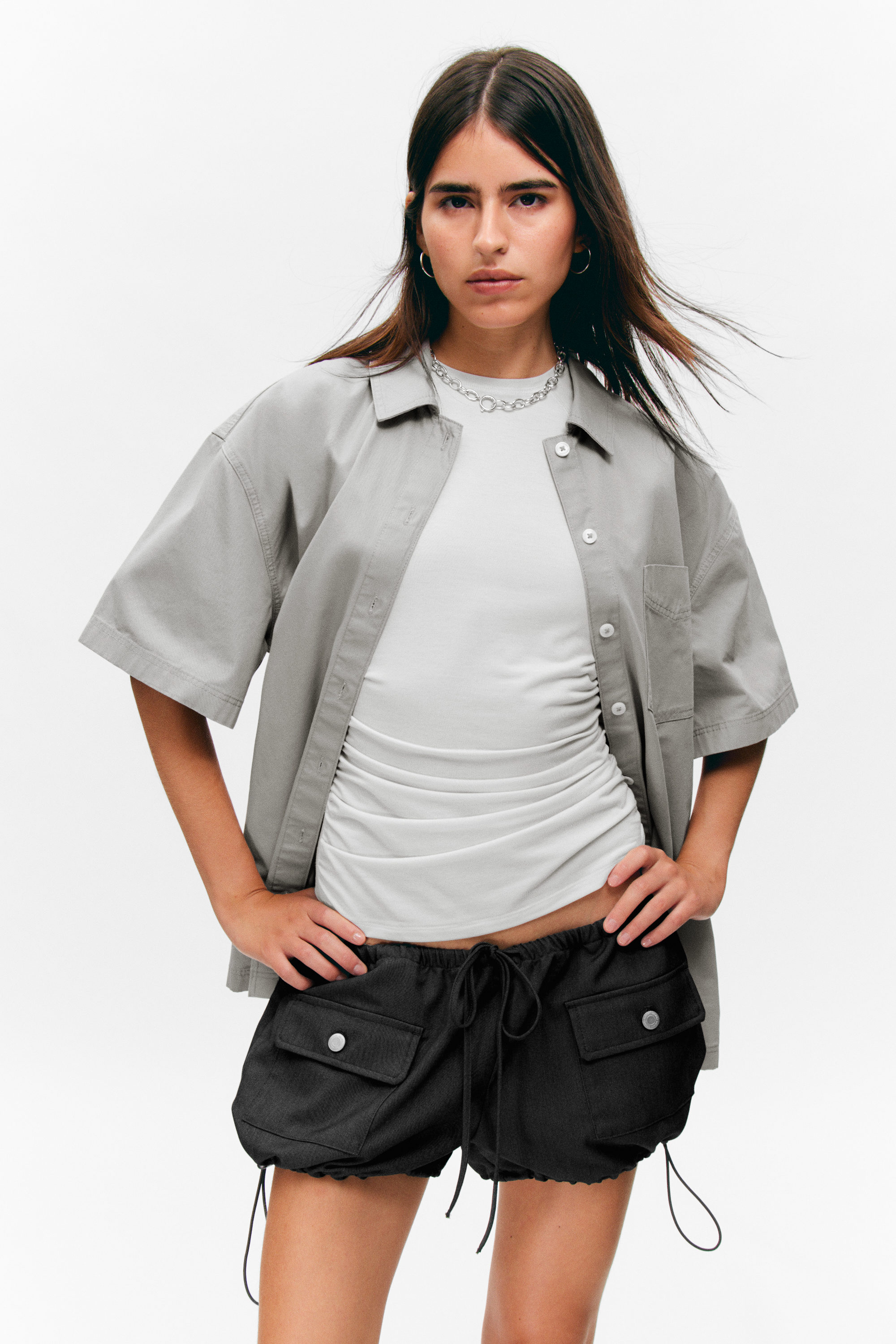 Light Grey - Oversized Cotton Canvas Short-Sleeved Shirt - 2