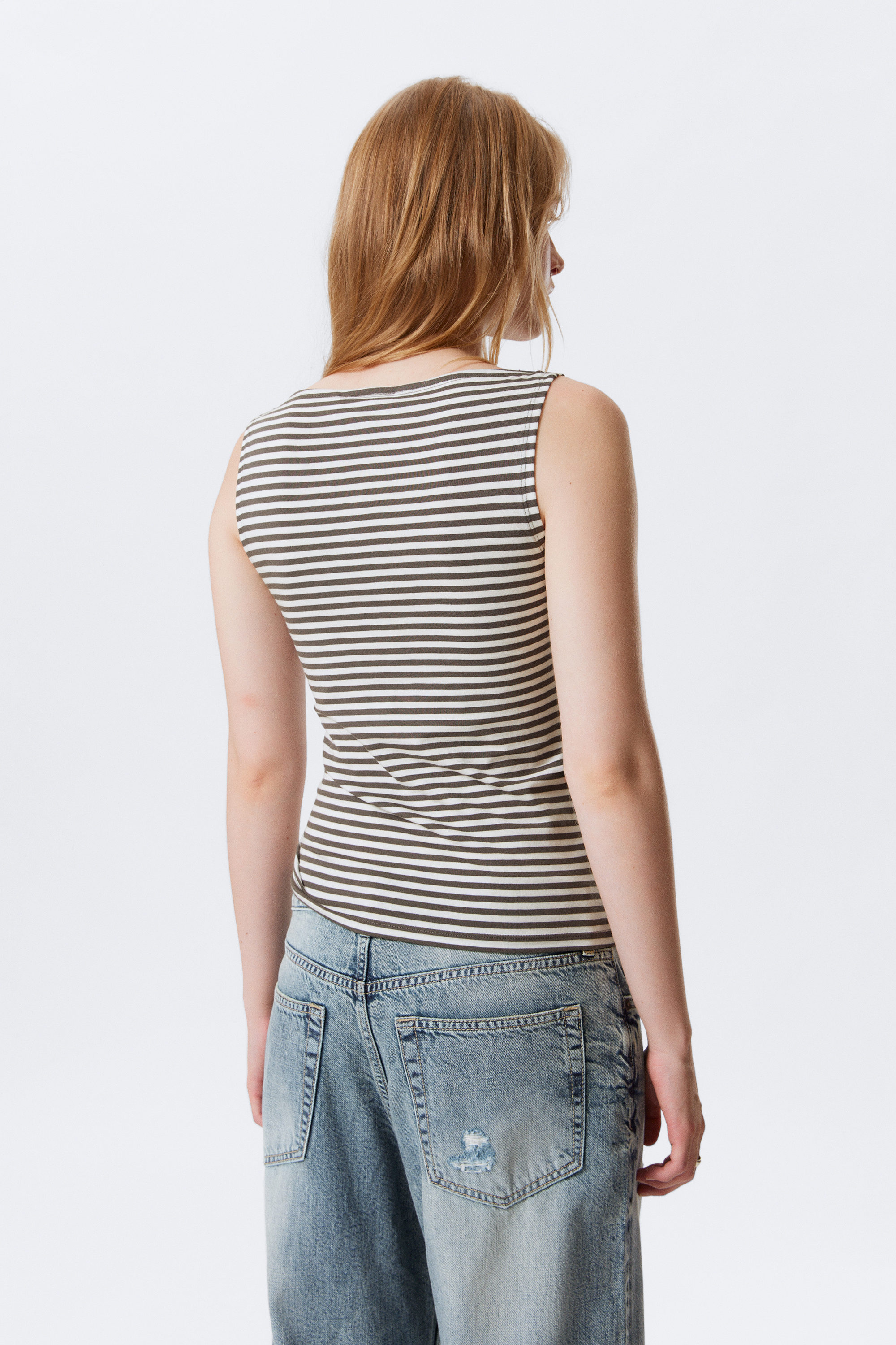 Grey & White Stripes - Annie Striped Sleeveless Boat-Neck Top - 2