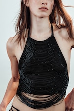 Black - Beaded Mesh Halterneck Top - 3