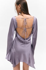 Lilac - Long-Sleeved Asymmetric Satin Mini Dress - 4