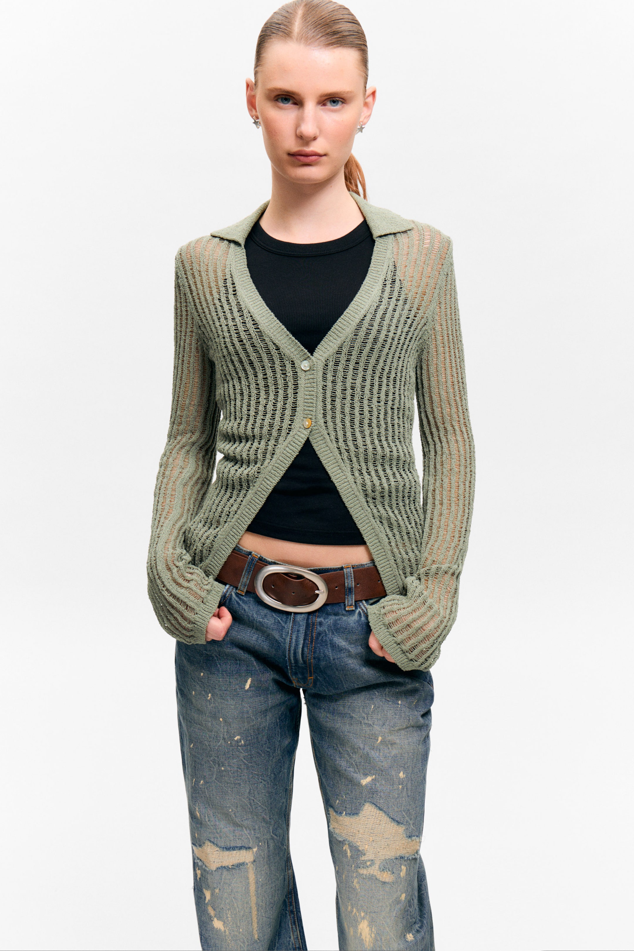 Khaki Green - Open-Knit V-neck Cardigan - 2