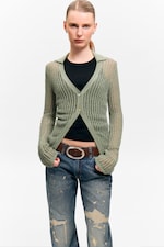 Khaki Green - Open-Knit V-neck Cardigan - 1