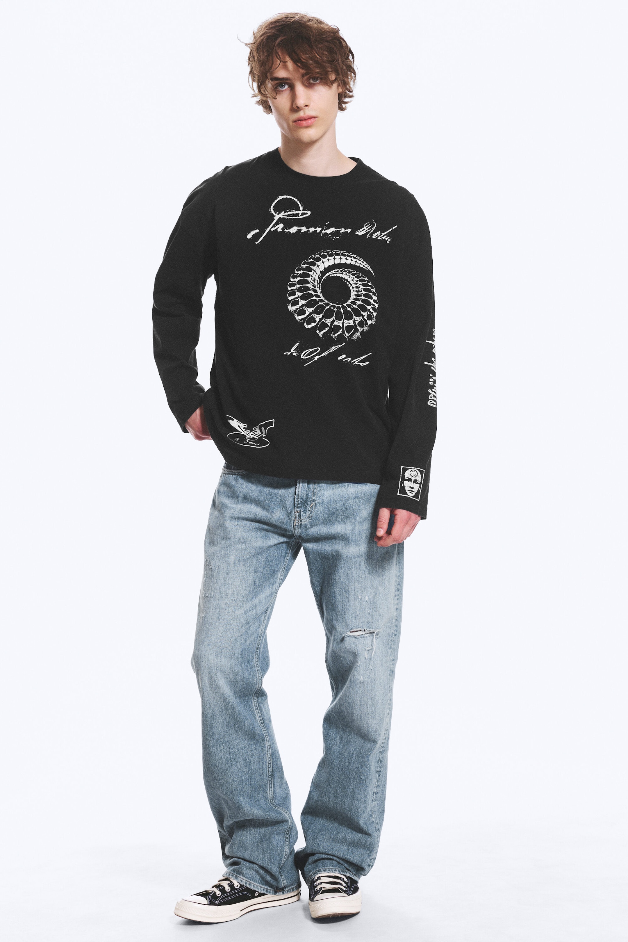 Noir - Spirale - T-shirt graphique oversize manches longues - 2