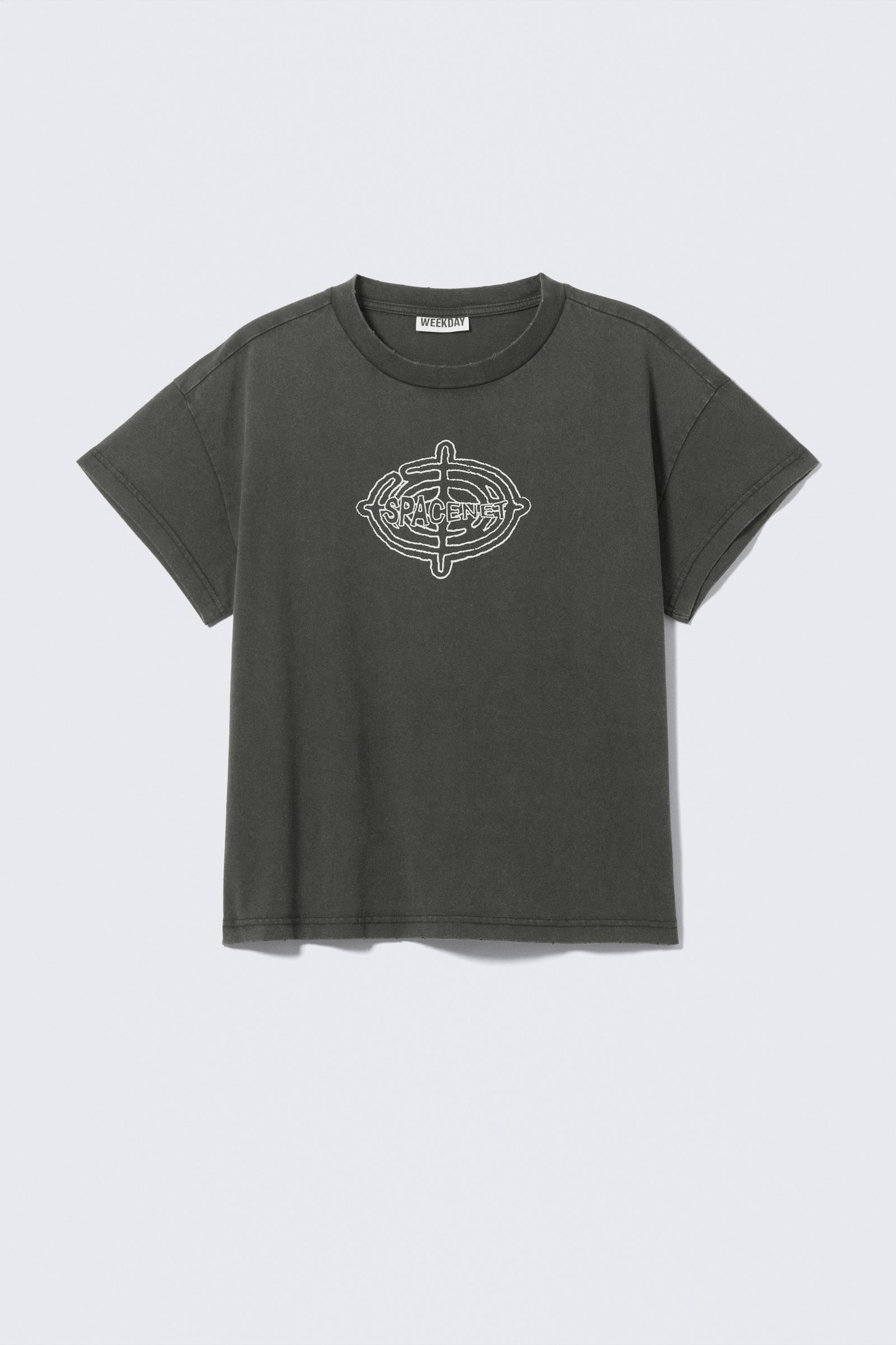 Dunkelgrau - "Spacenet" - Boxy Baumwoll-T-Shirt mit Grafik und Flügelärmeln - 3