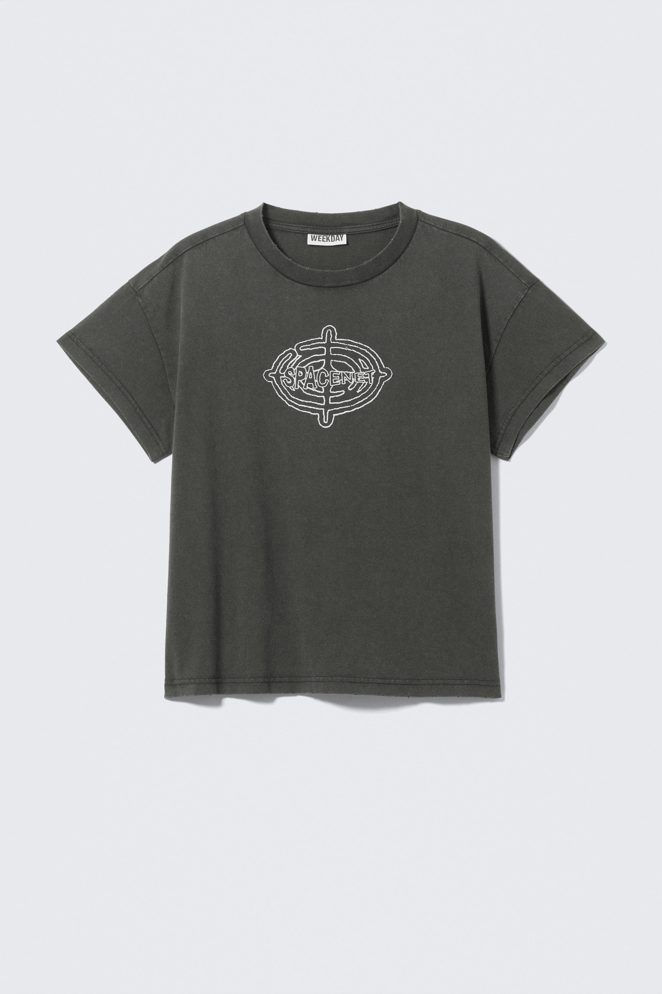 Dunkelgrau - "Spacenet" - Boxy Baumwoll-T-Shirt mit Grafik und Flügelärmeln - 0